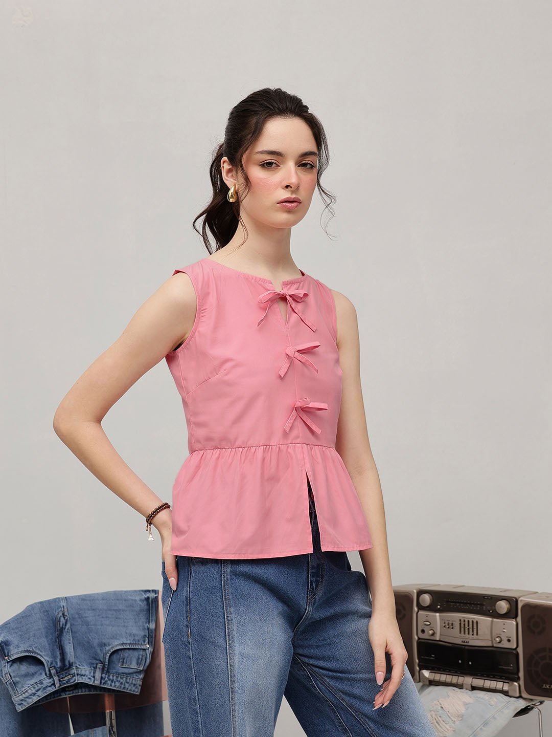 Pink Solid Round Neck Top