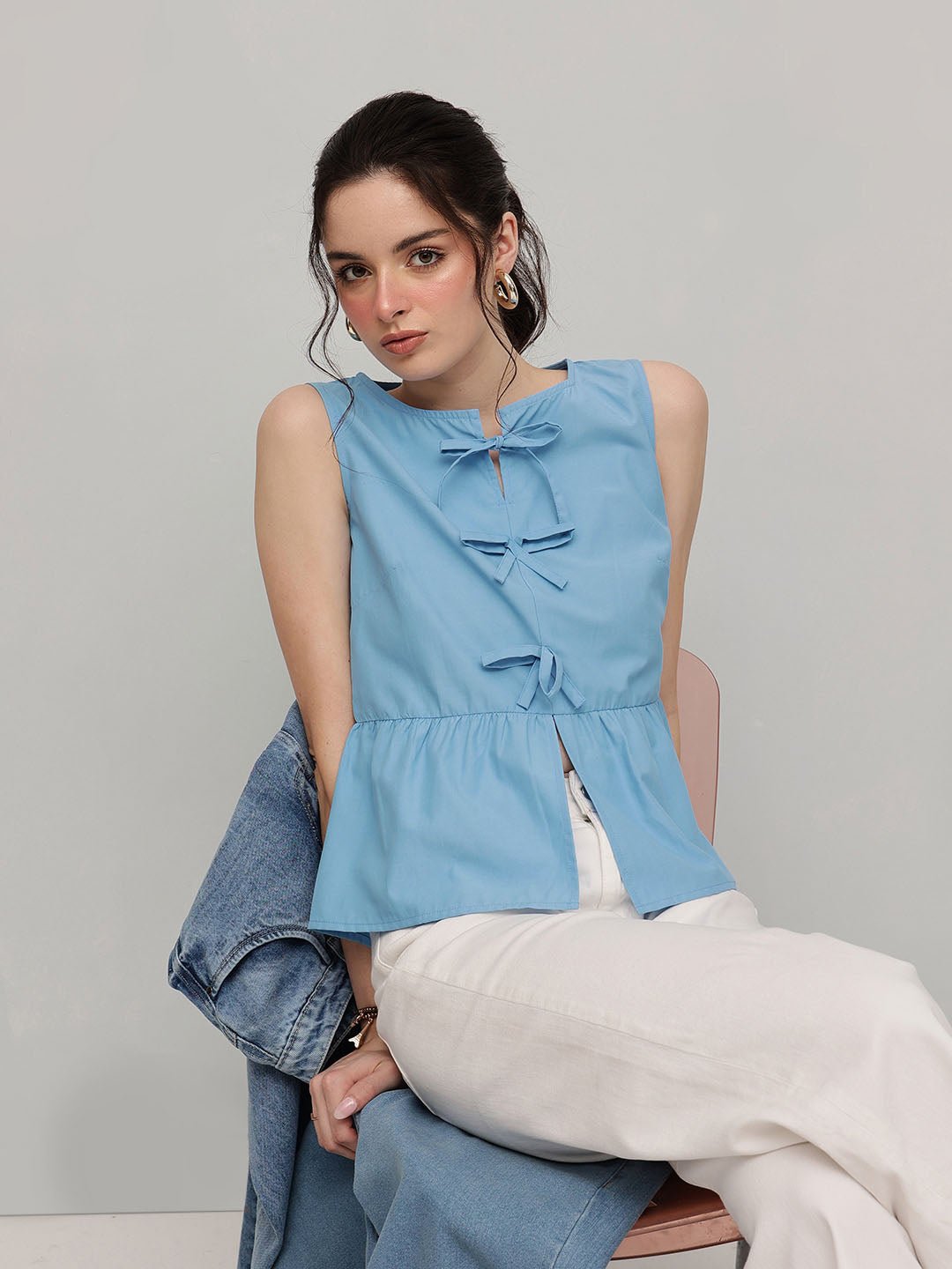 Blue Solid Round Neck Top