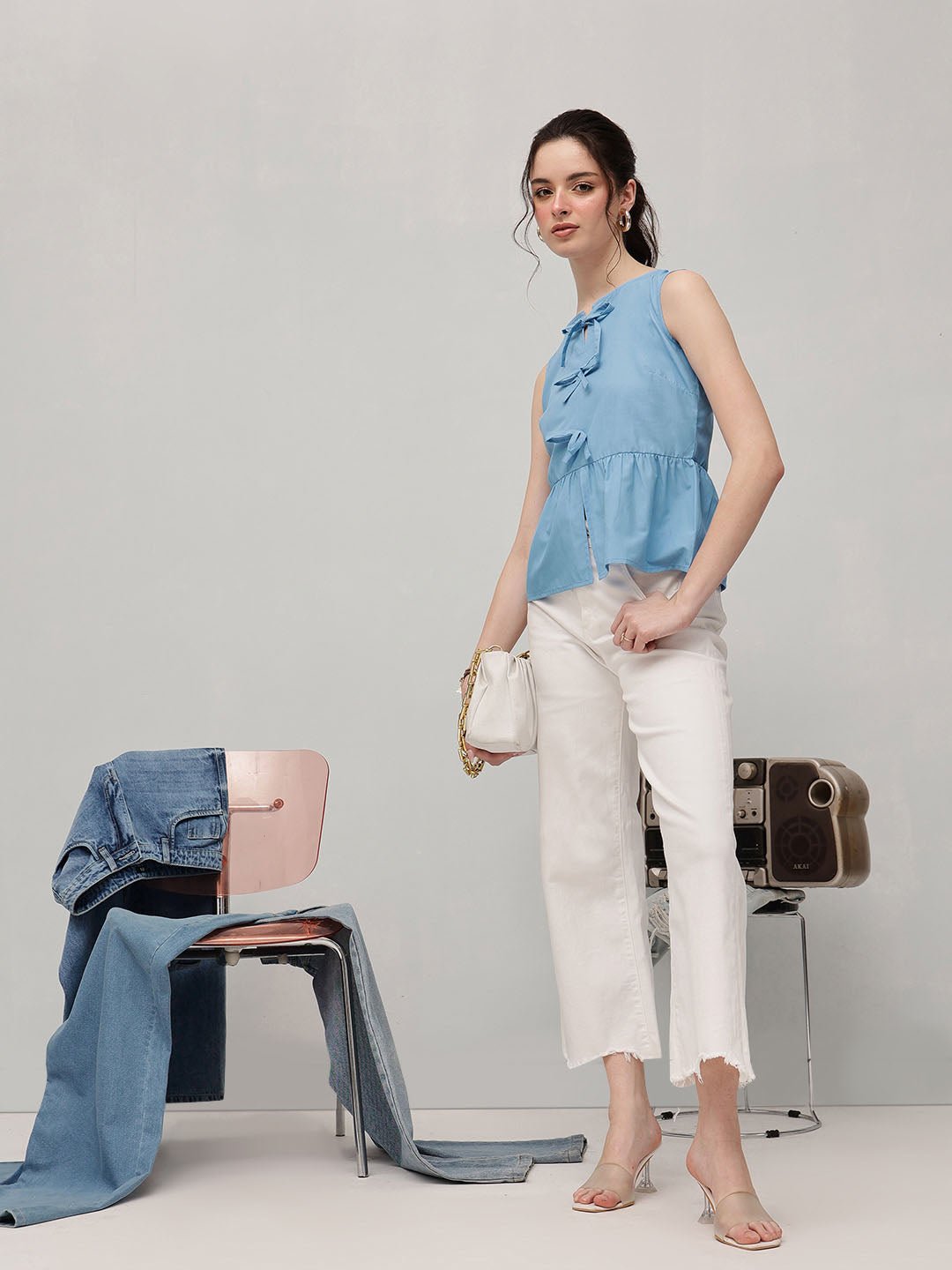 Blue Solid Round Neck Top