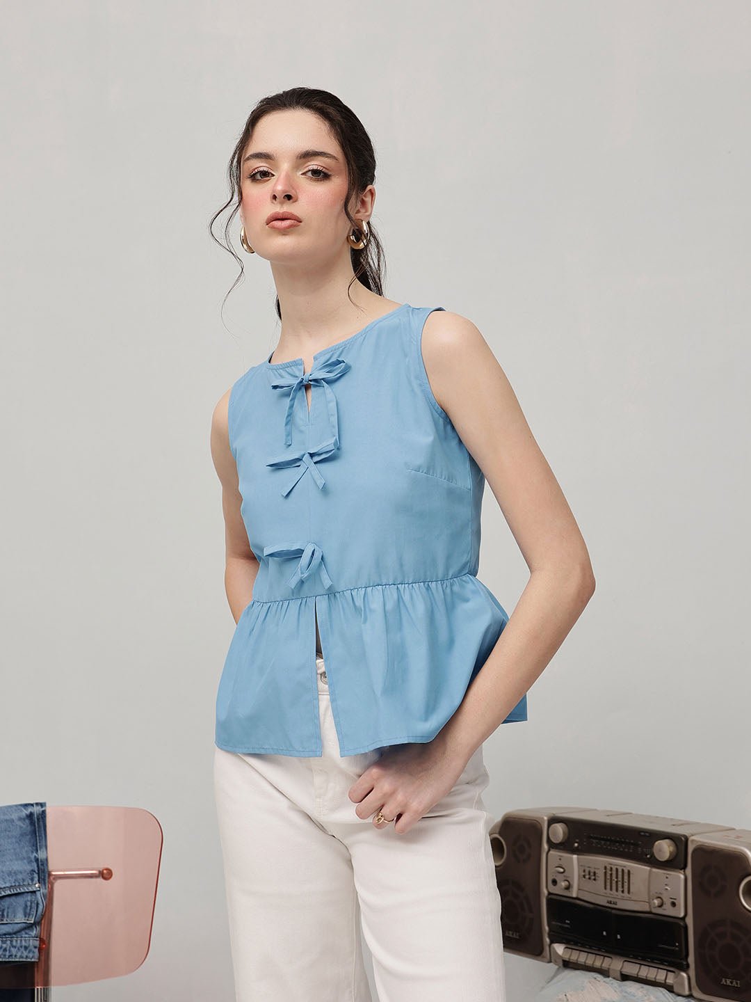 Blue Solid Round Neck Top