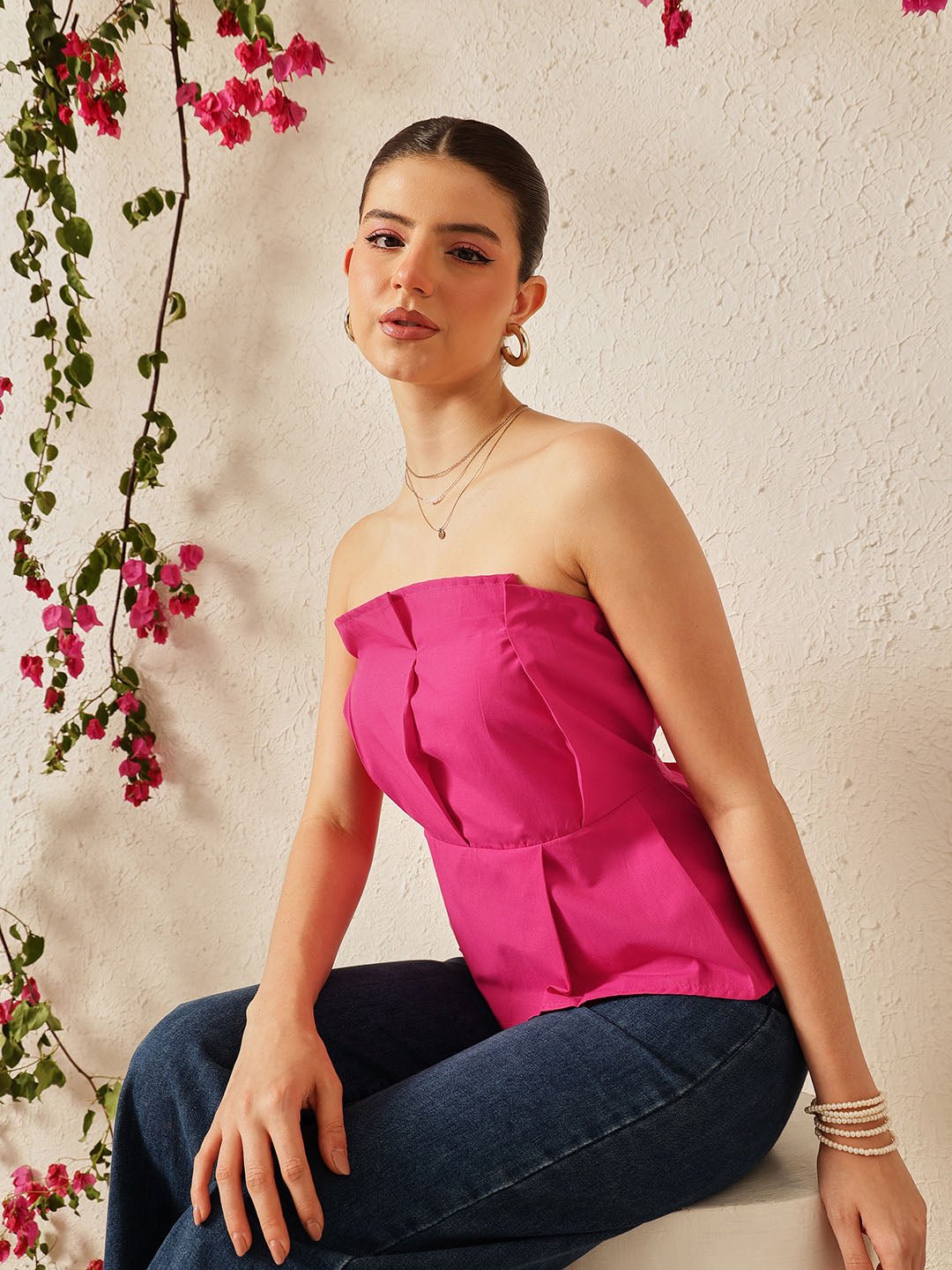 Pink Solid Bandeau Neck Top