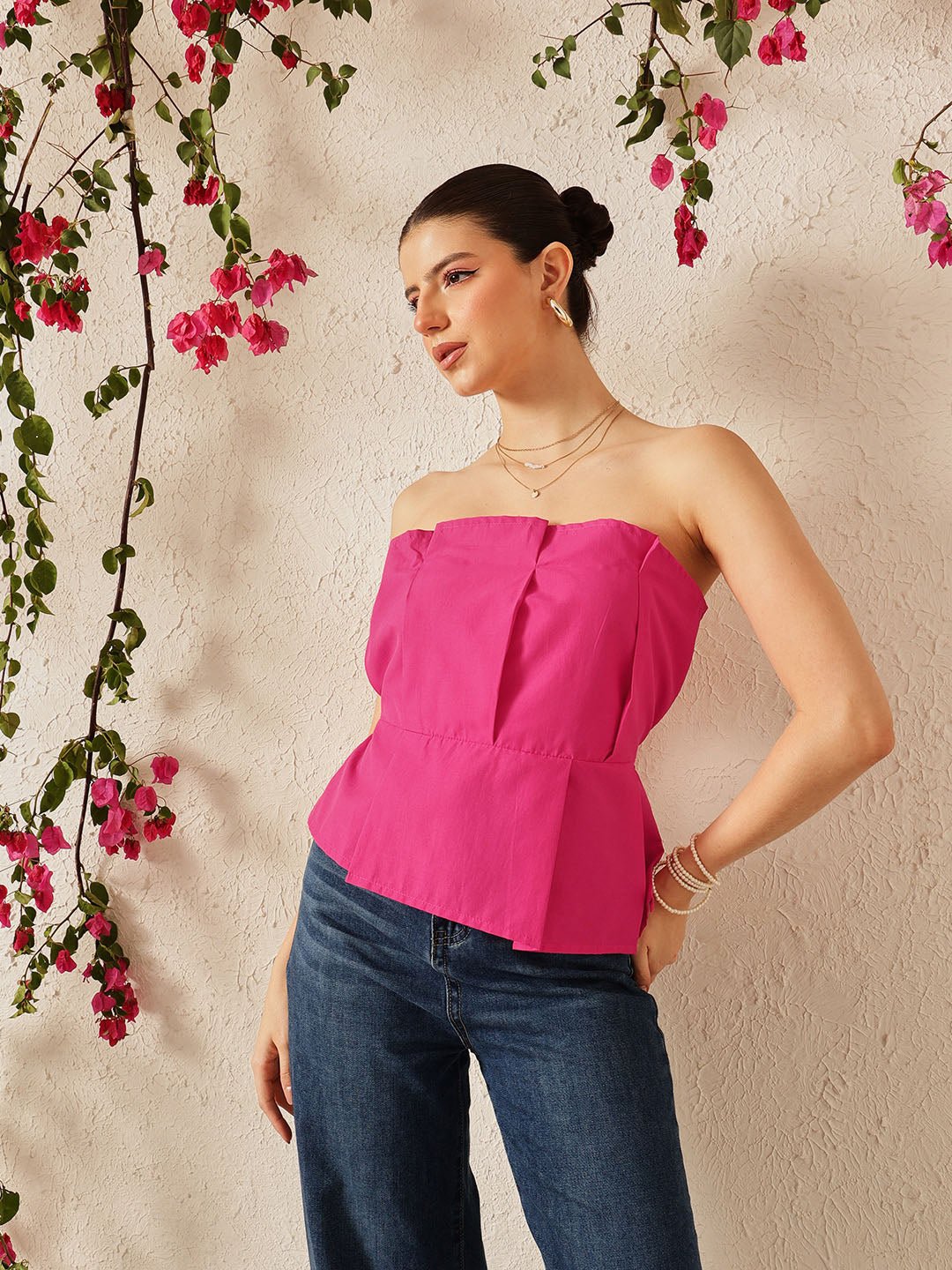 Pink Solid Bandeau Neck Top