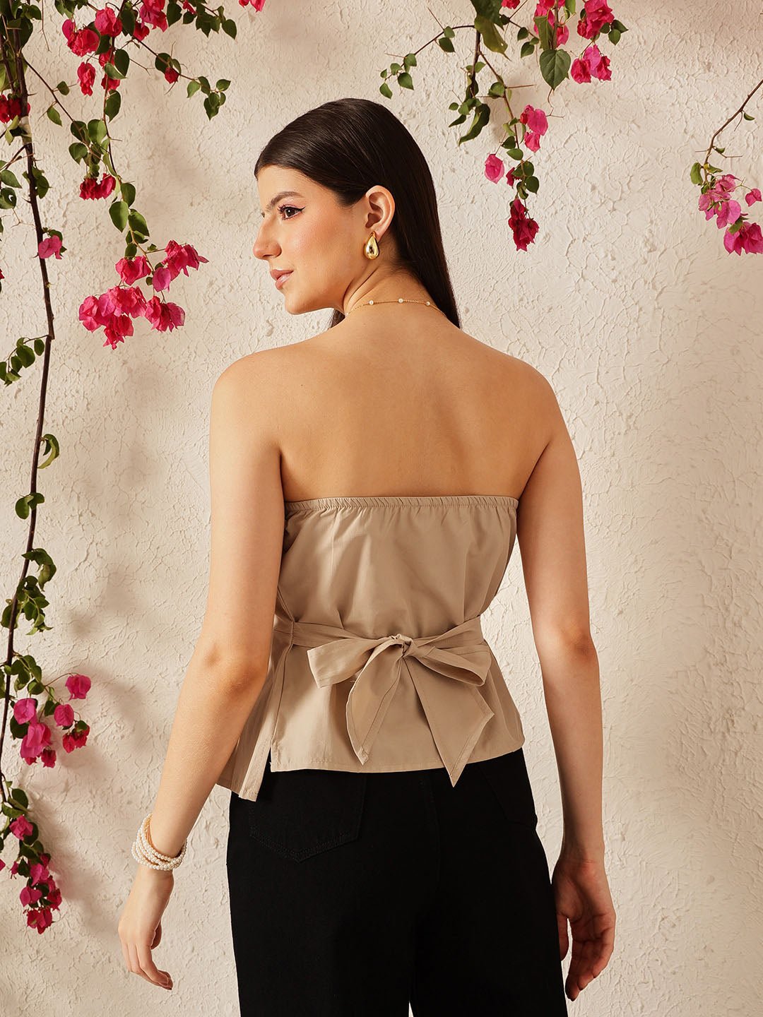 Beige Solid Bandeau Neck Top