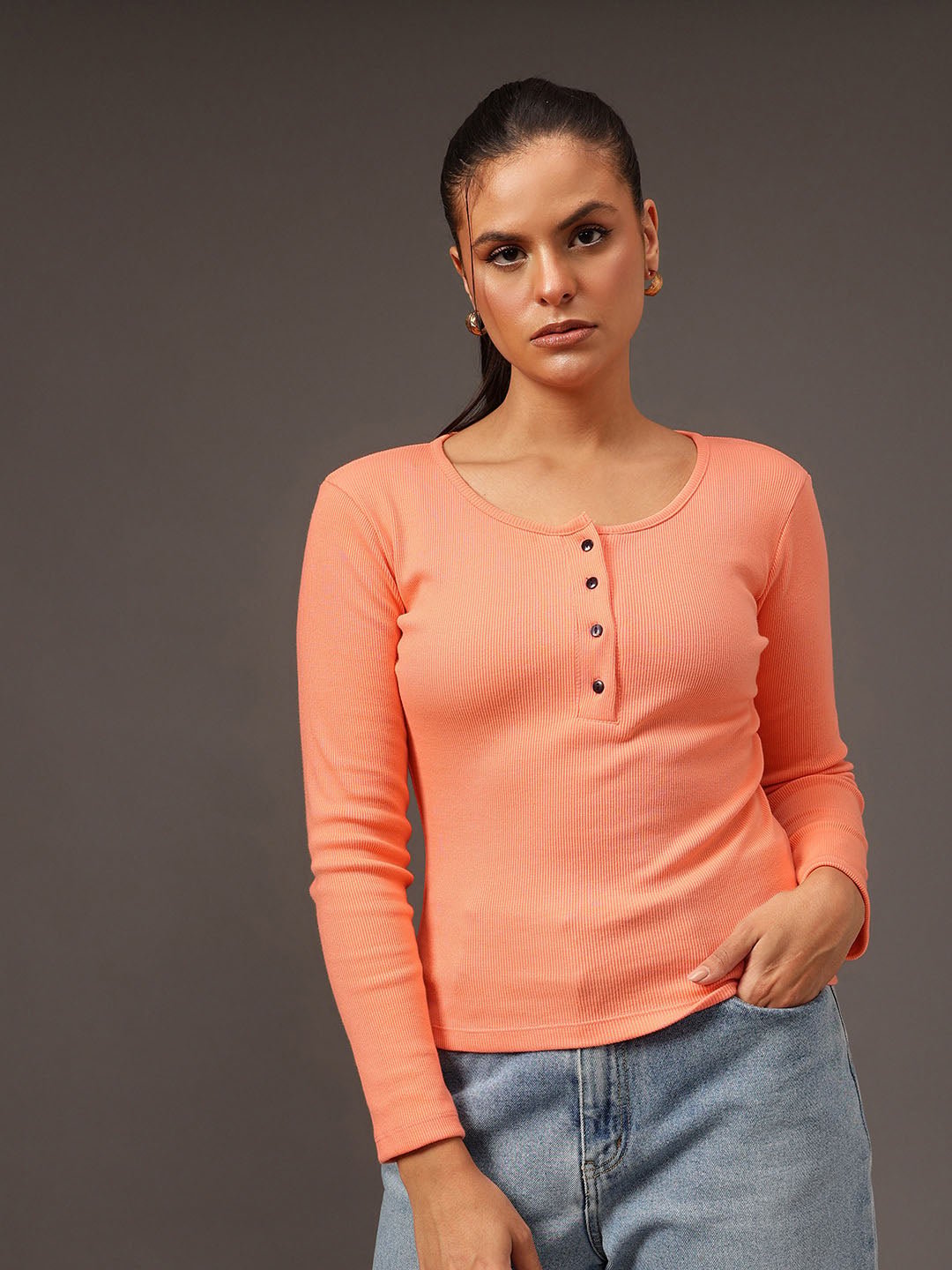 Peach Texture Scoop Neck Top