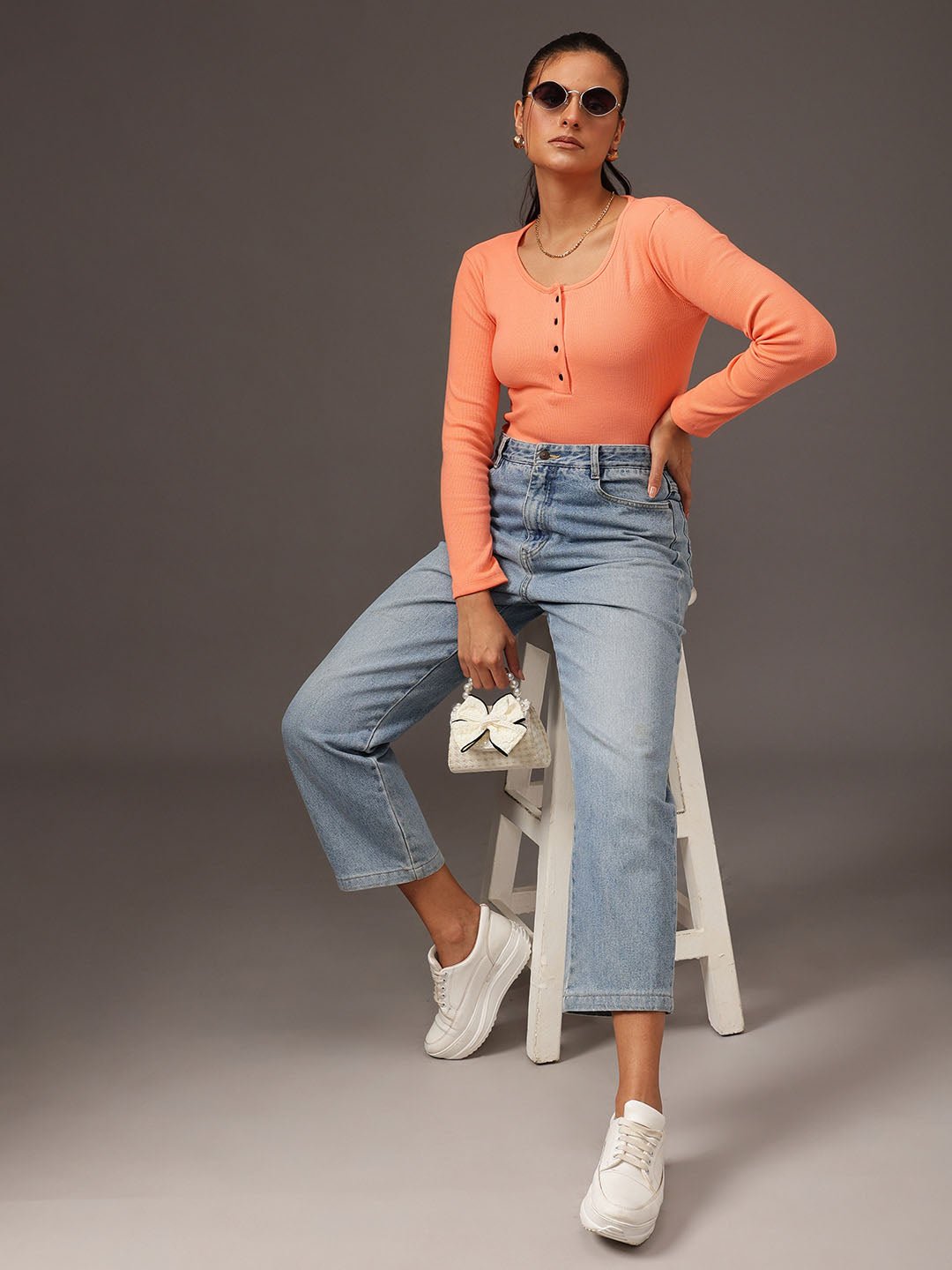 Peach Texture Scoop Neck Top