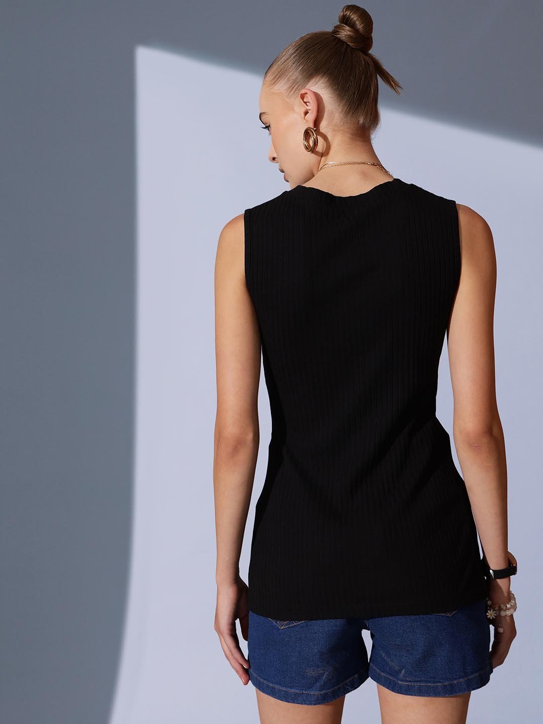 Black Solid V Neck Top