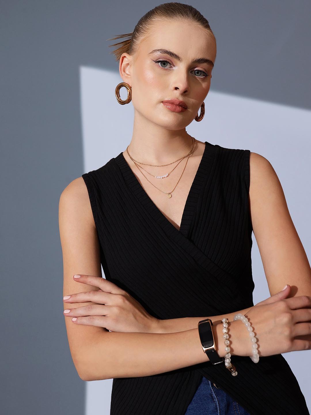 Black Solid V Neck Top