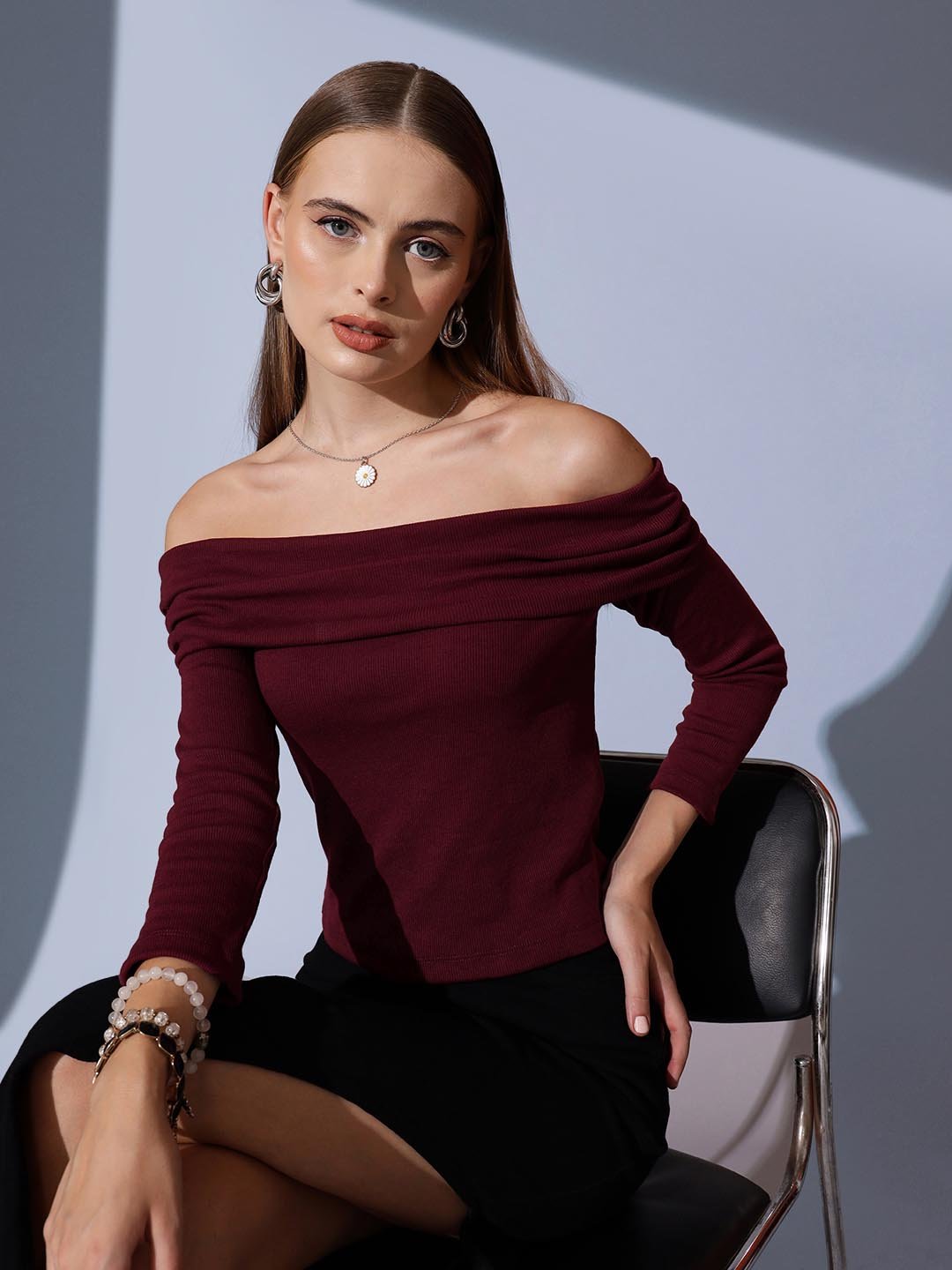 Burgundy Texture Bardot Neck Top