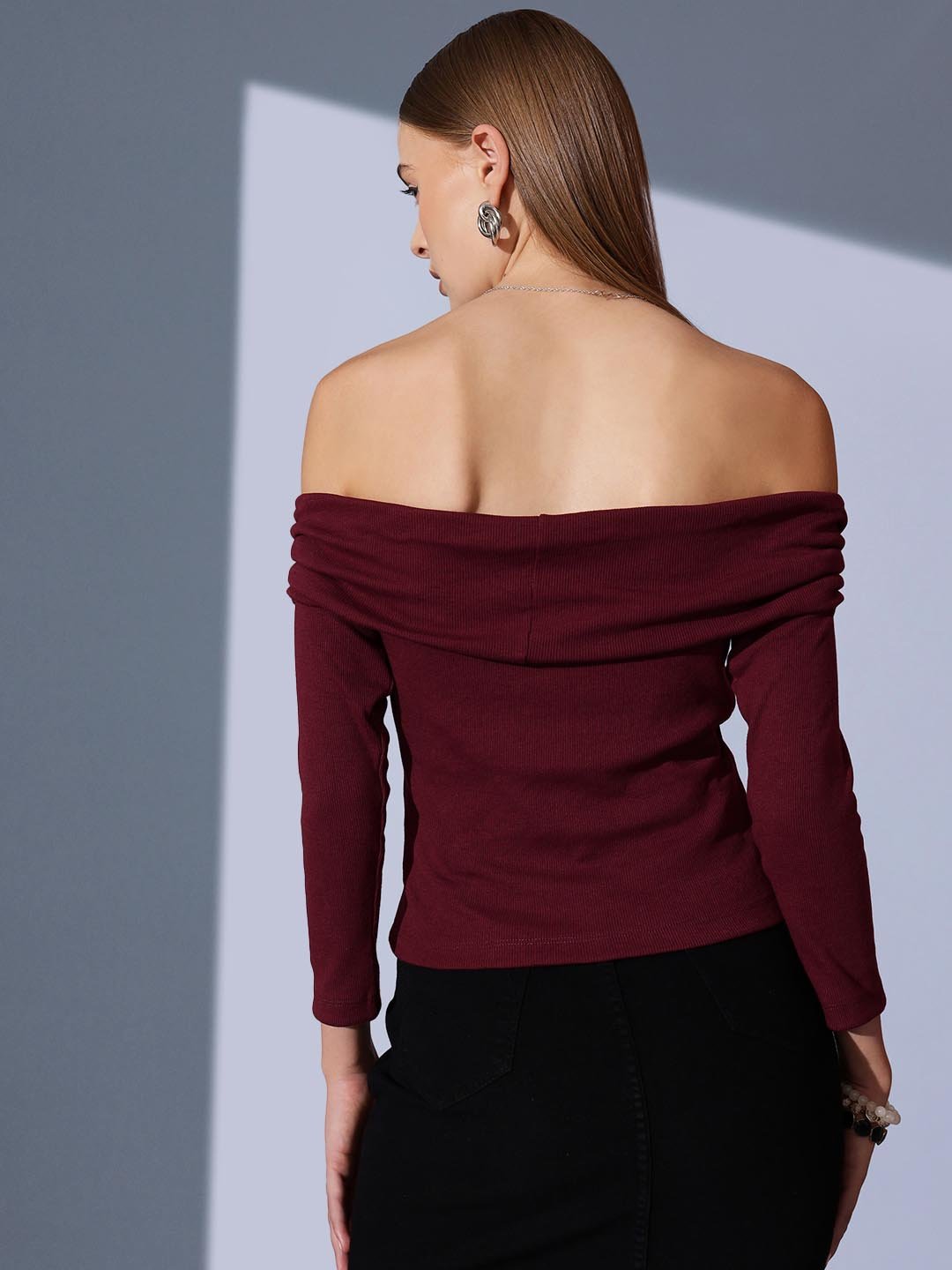 Burgundy Texture Bardot Neck Top