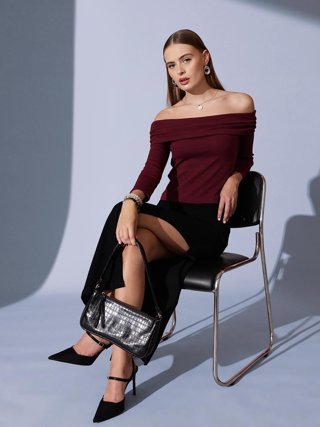 Burgundy Texture Bardot Neck Top