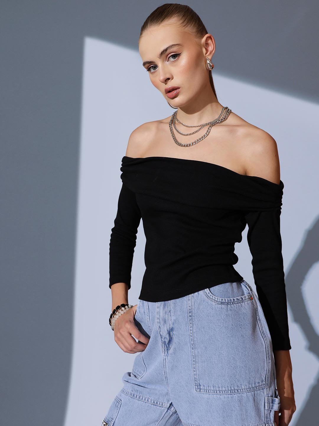 Black Solid Bardot Neck Top