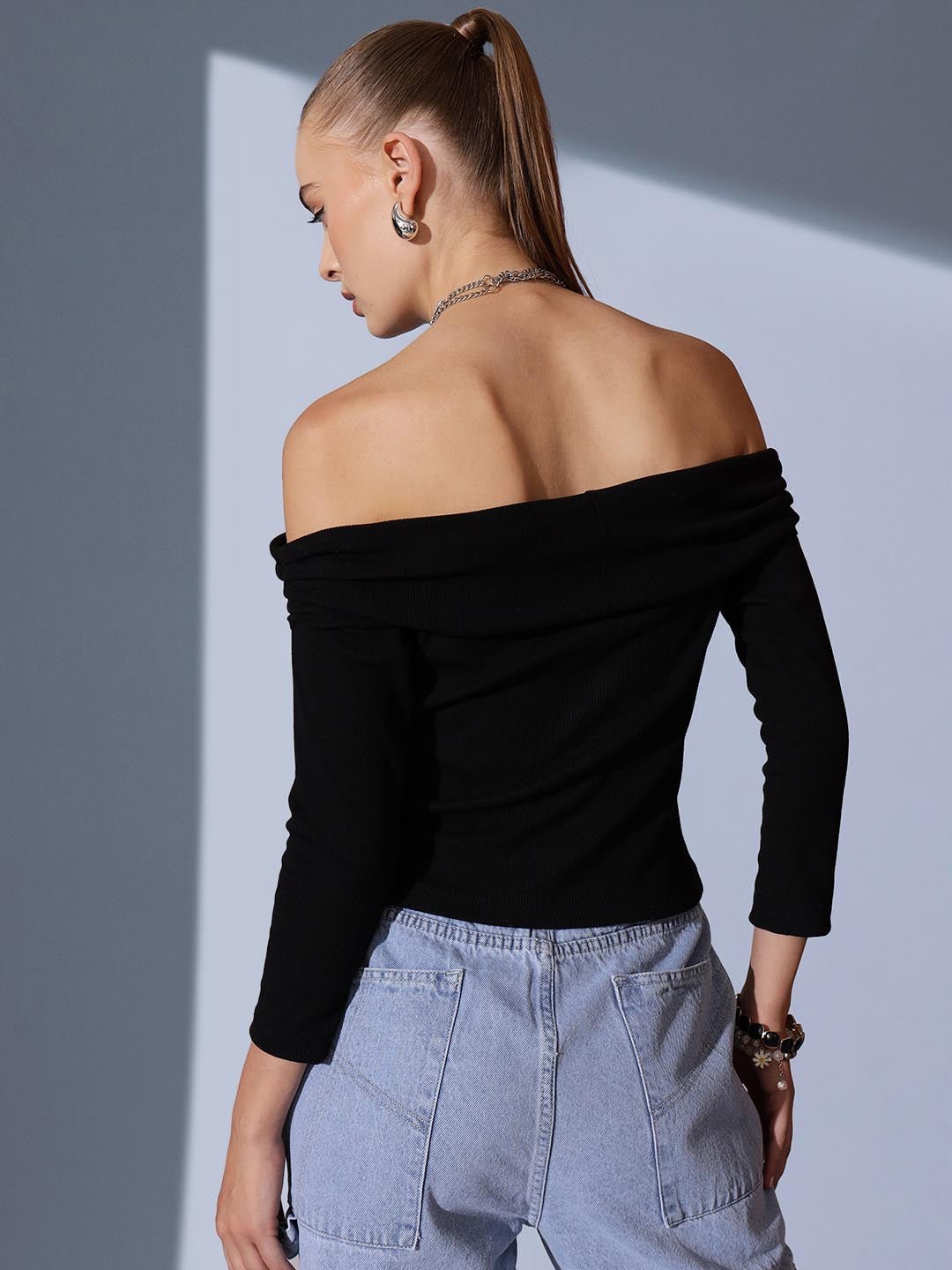 Black Solid Bardot Neck Top