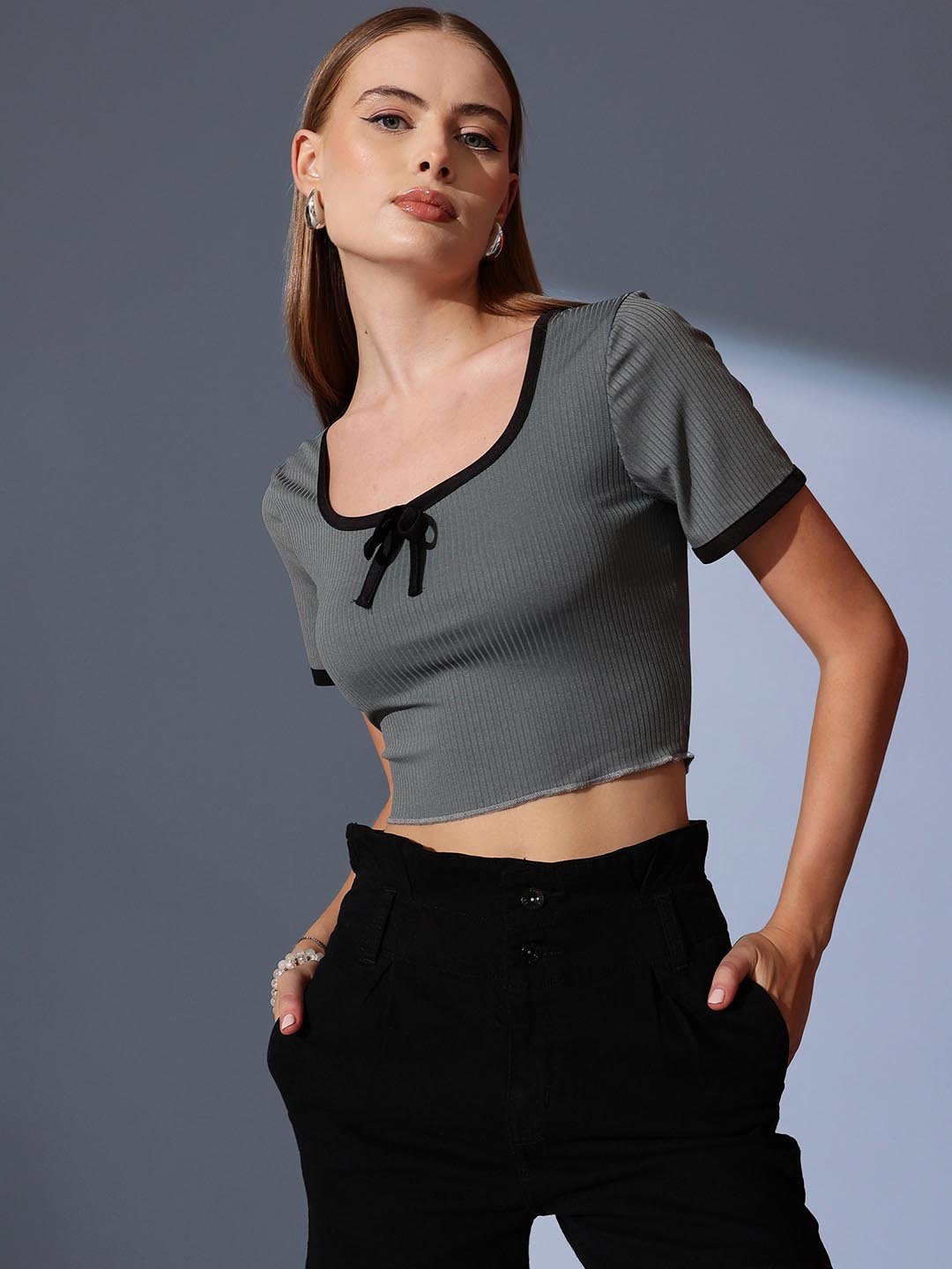 Grey Solid Scoop Neck Top