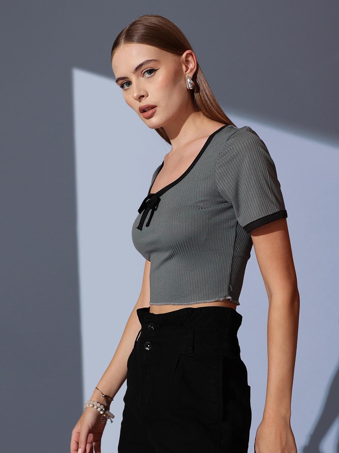 Grey Solid Scoop Neck Top