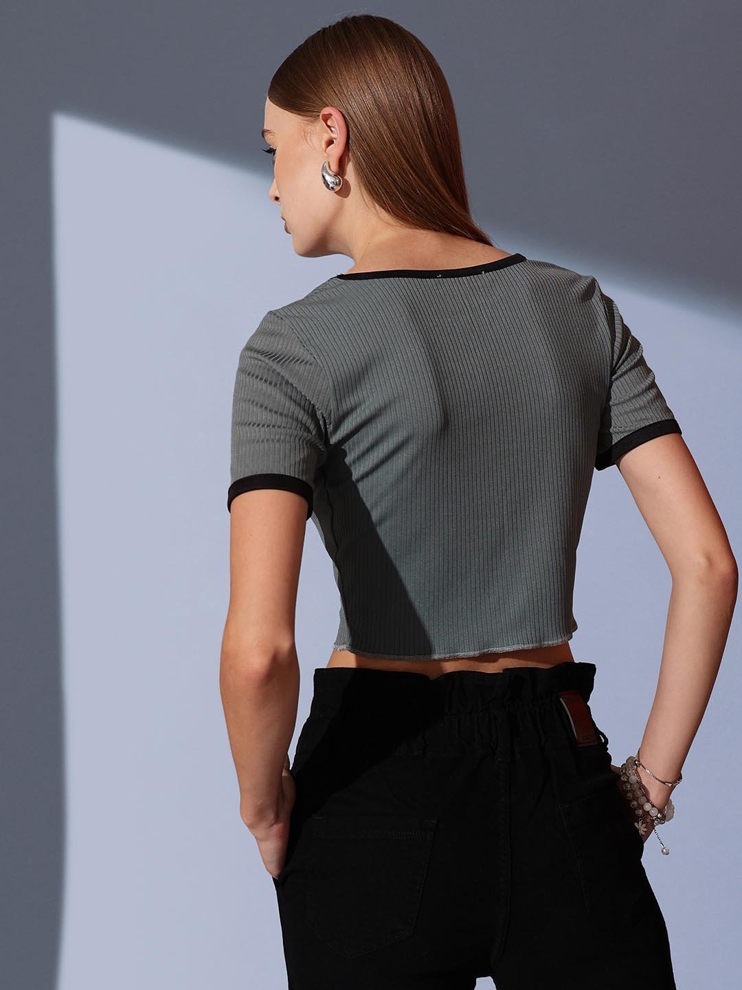 Grey Solid Scoop Neck Top