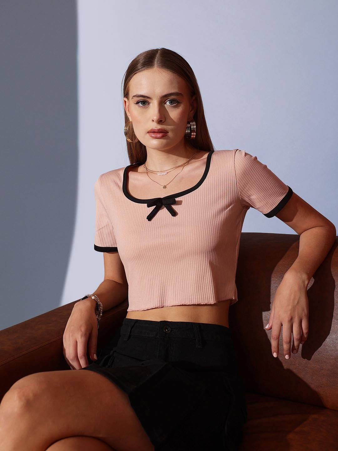 Peach Solid Scoop Neck Top