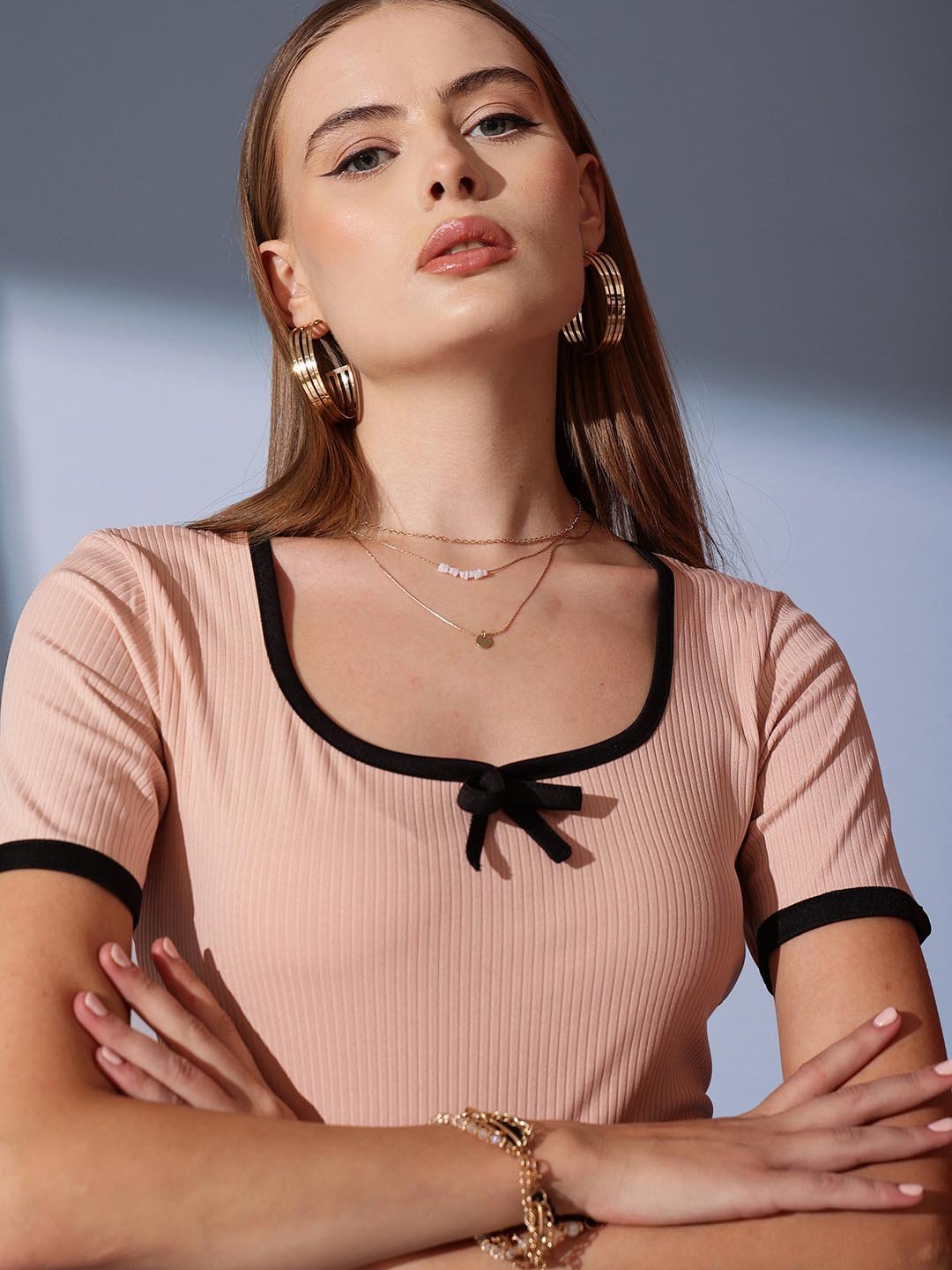 Peach Solid Scoop Neck Top