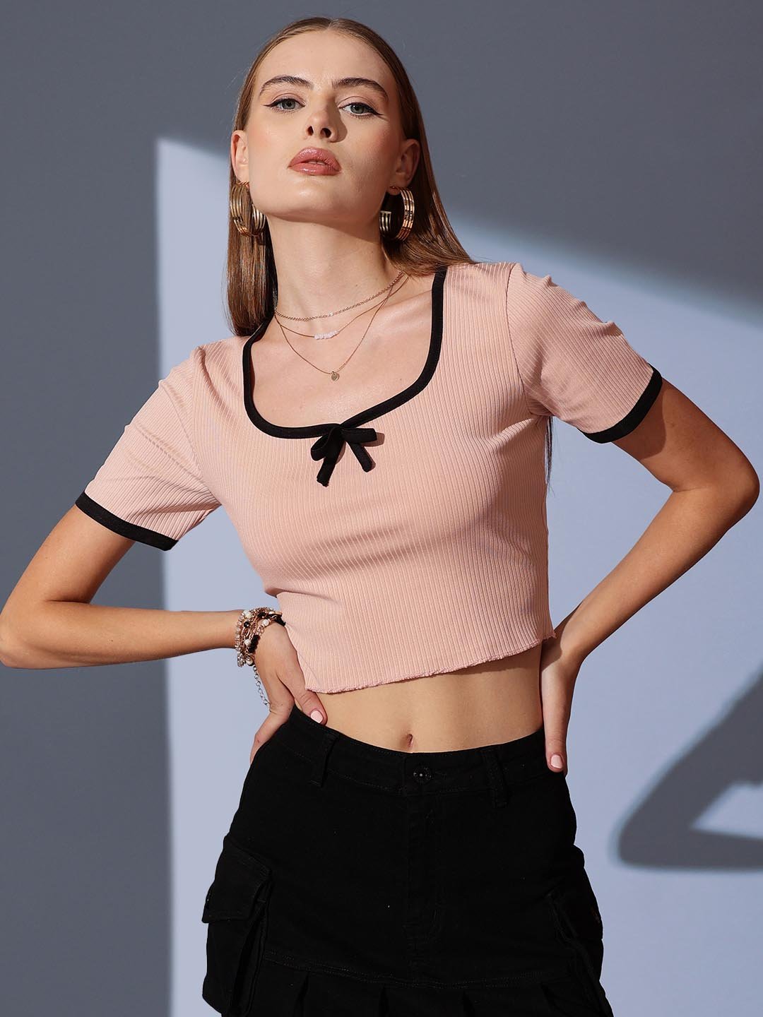 Peach Solid Scoop Neck Top