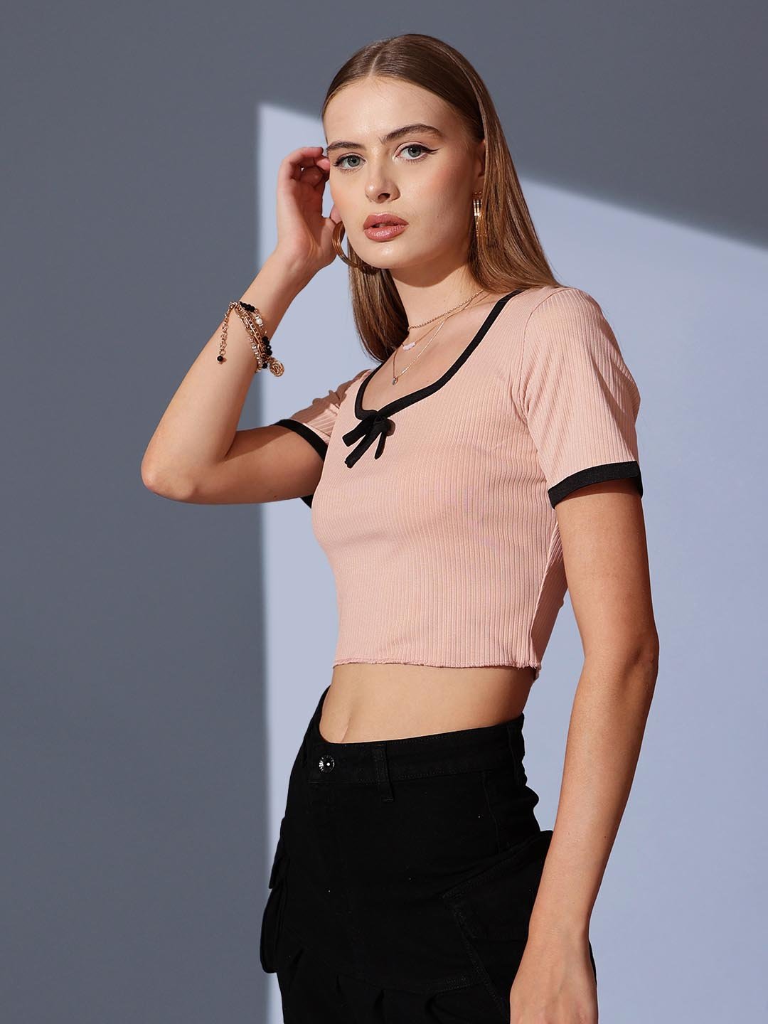 Peach Solid Scoop Neck Top