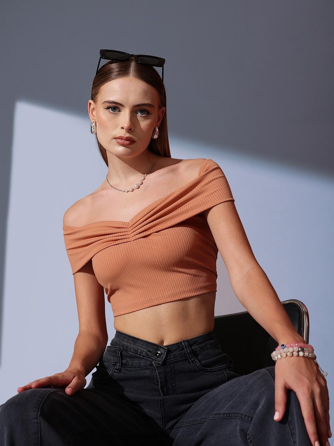 Peach Solid Off Shoulder Neck Top