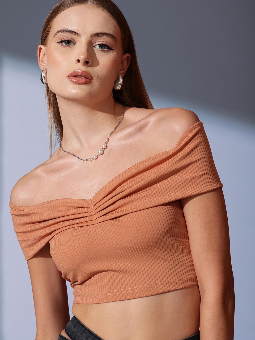 Peach Solid Off Shoulder Neck Top
