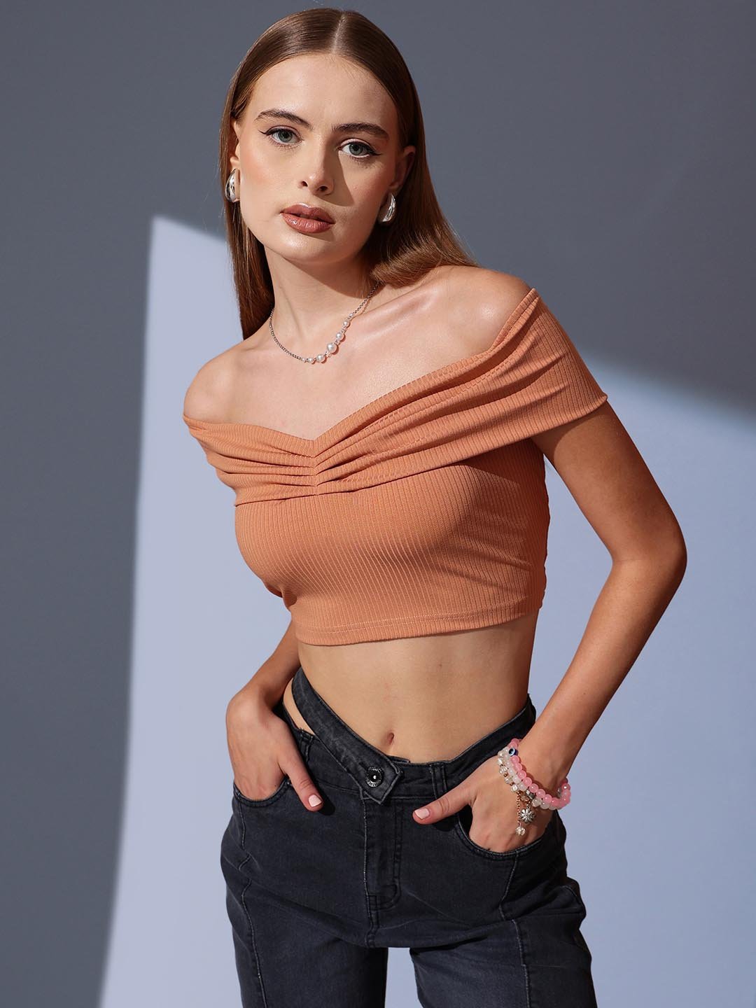 Peach Solid Off Shoulder Neck Top