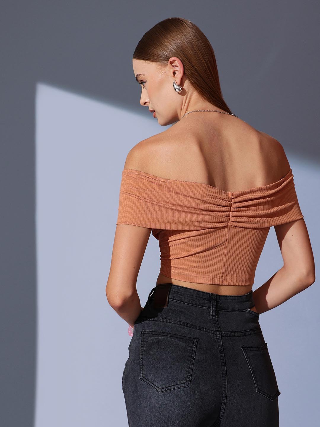 Peach Solid Off Shoulder Neck Top