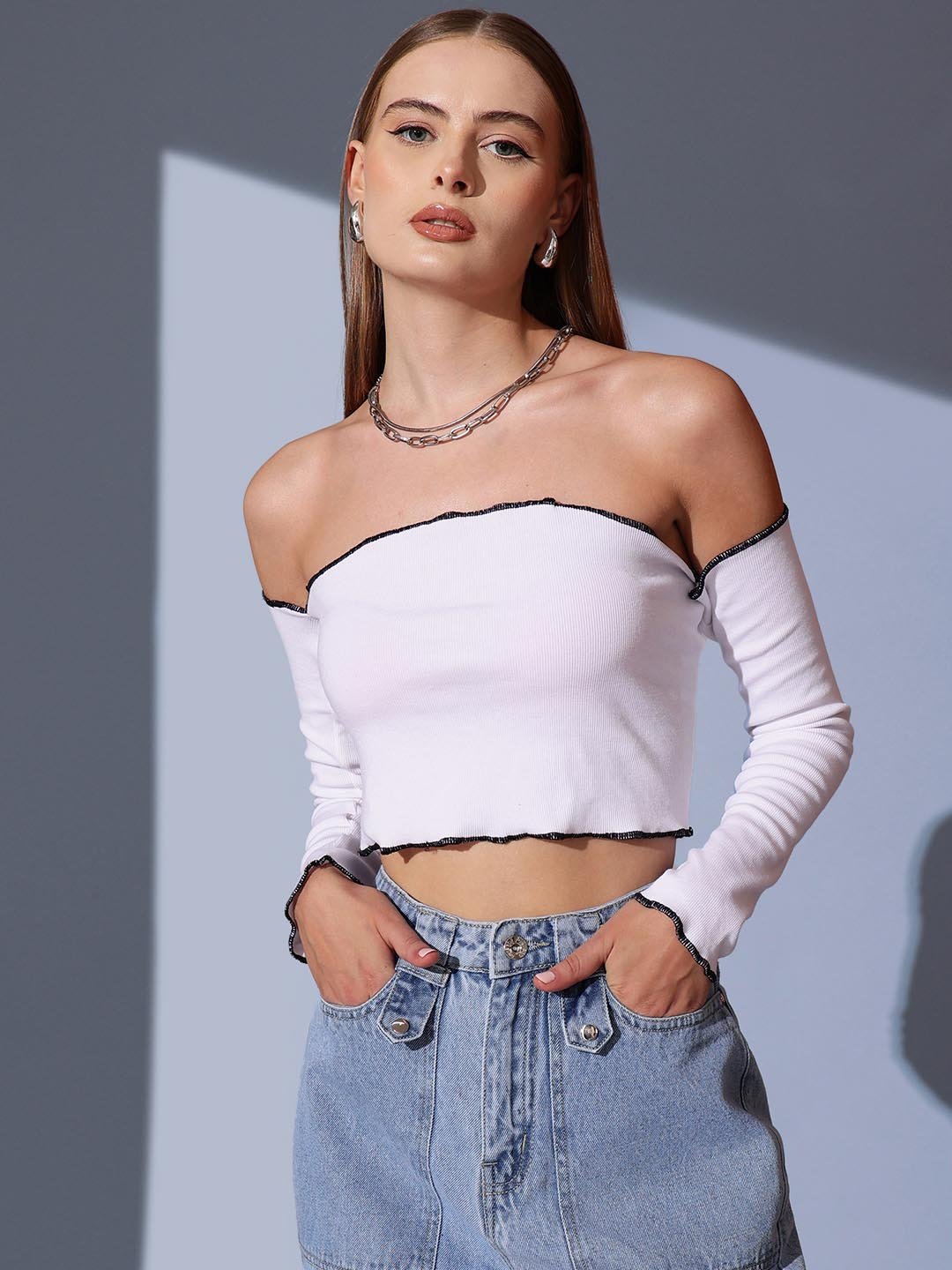 White Texture Off Shoulder Neck Top