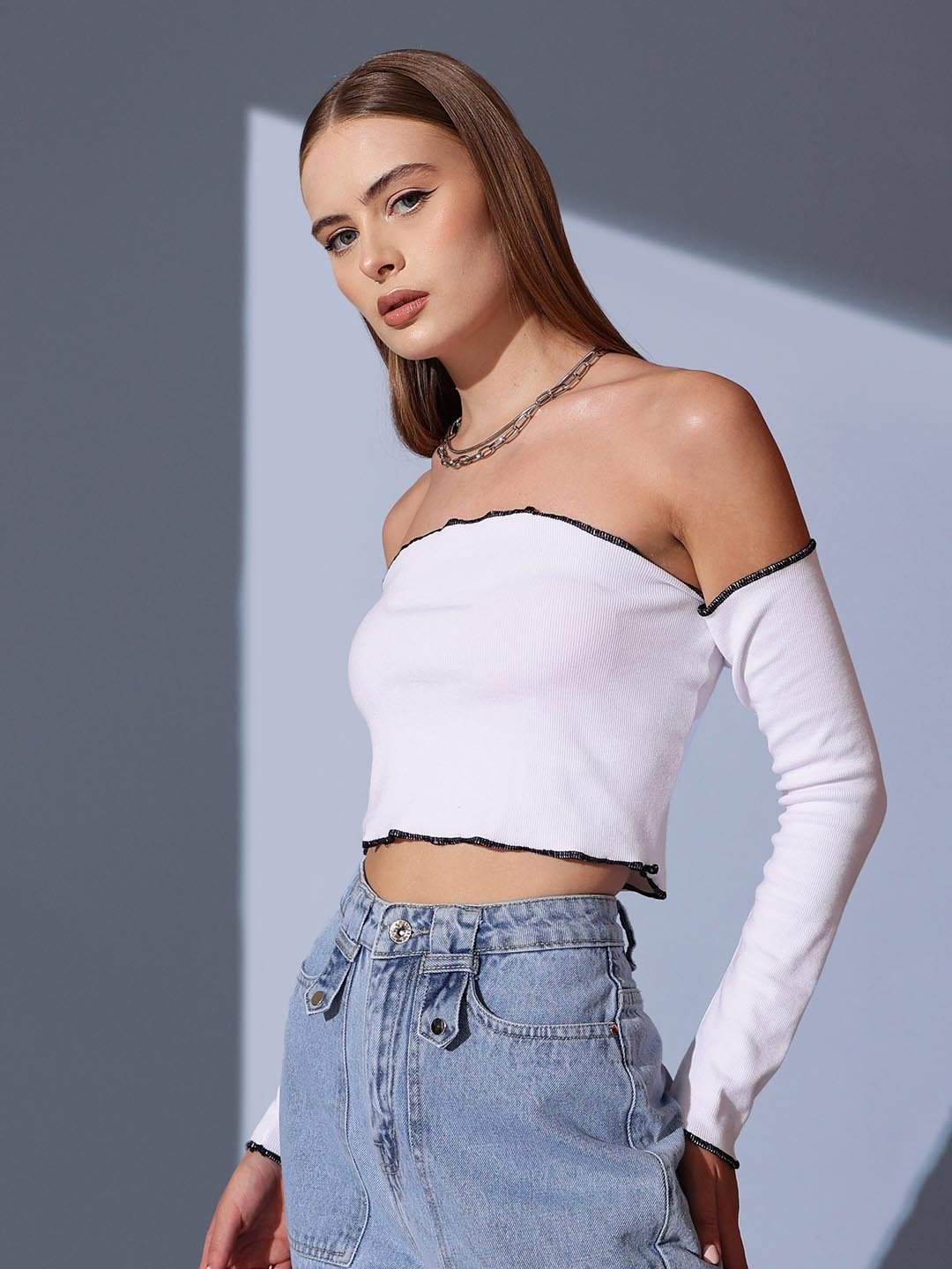 White Texture Off Shoulder Neck Top