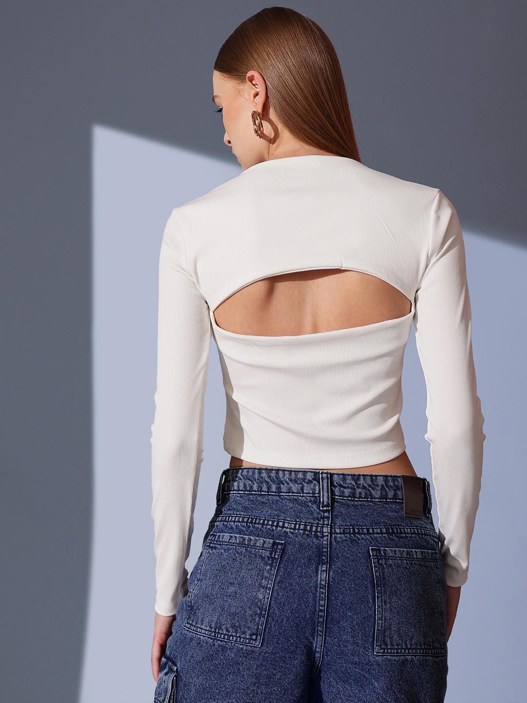 White Ribbed V Neck Top