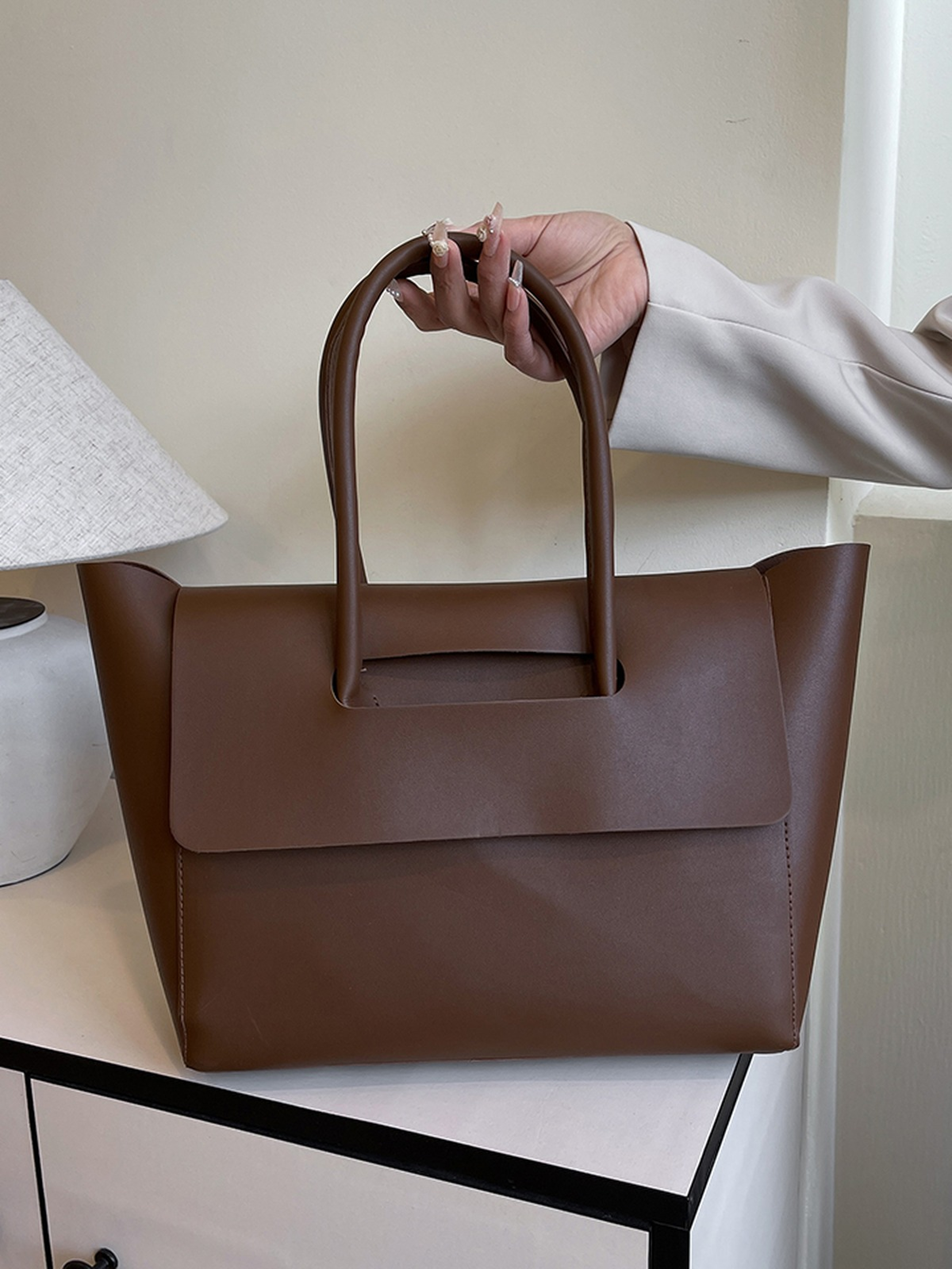 Brown Faux Leather Handbag with Top Handles
