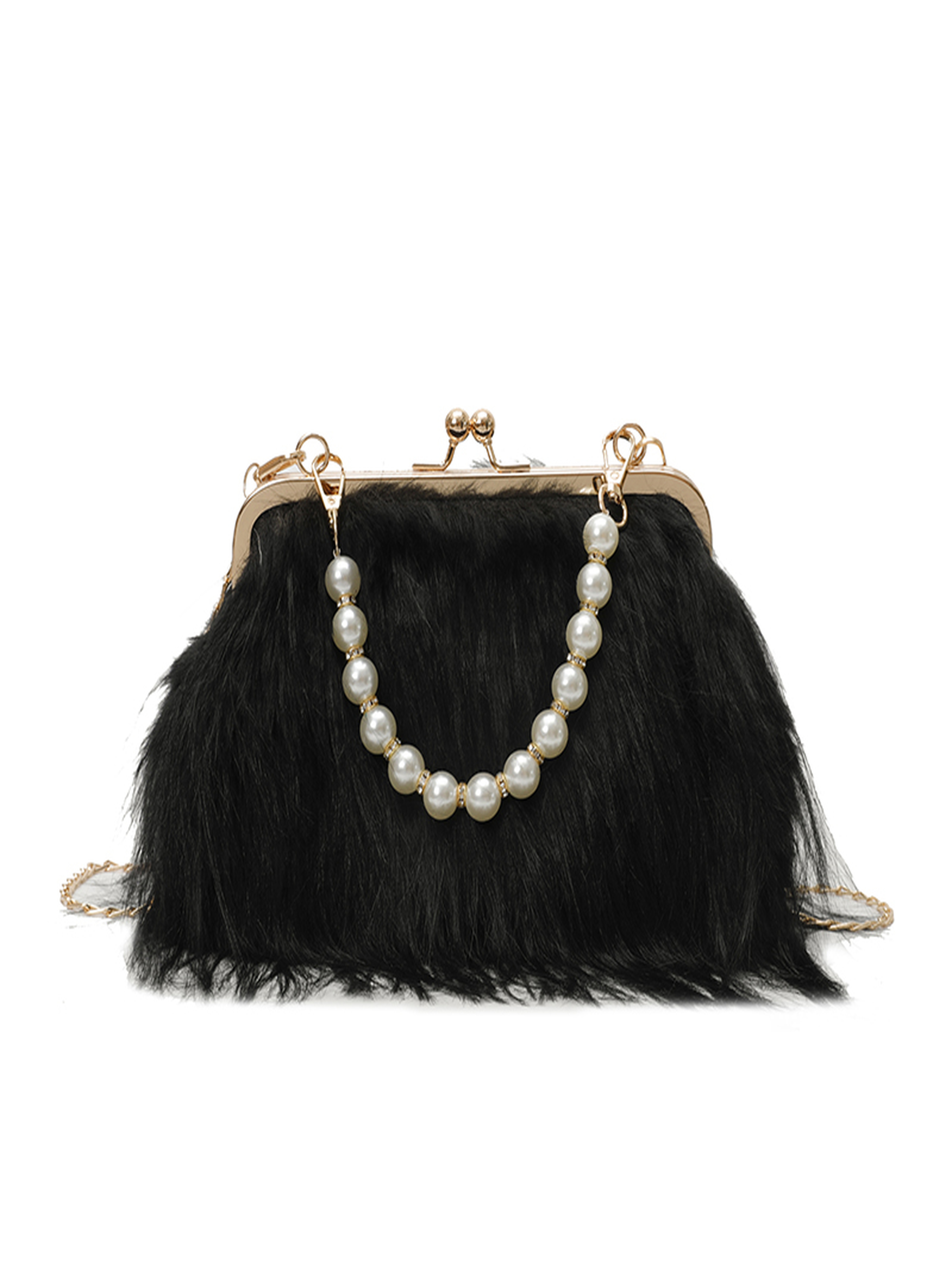 Black Faux Fur Clutch Bag with Pearl and Chain Handle