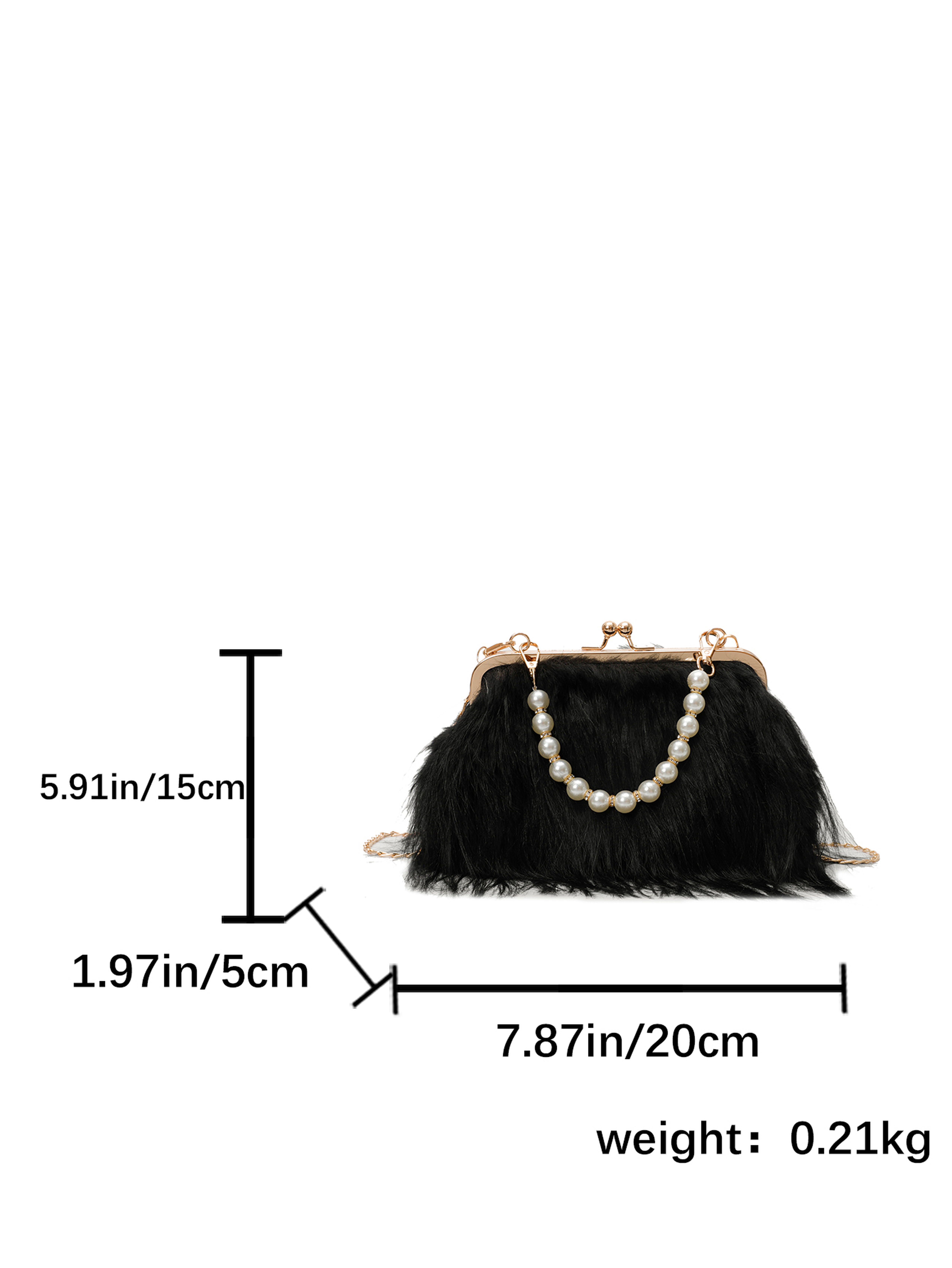 Black Faux Fur Clutch Bag with Pearl and Chain Handle