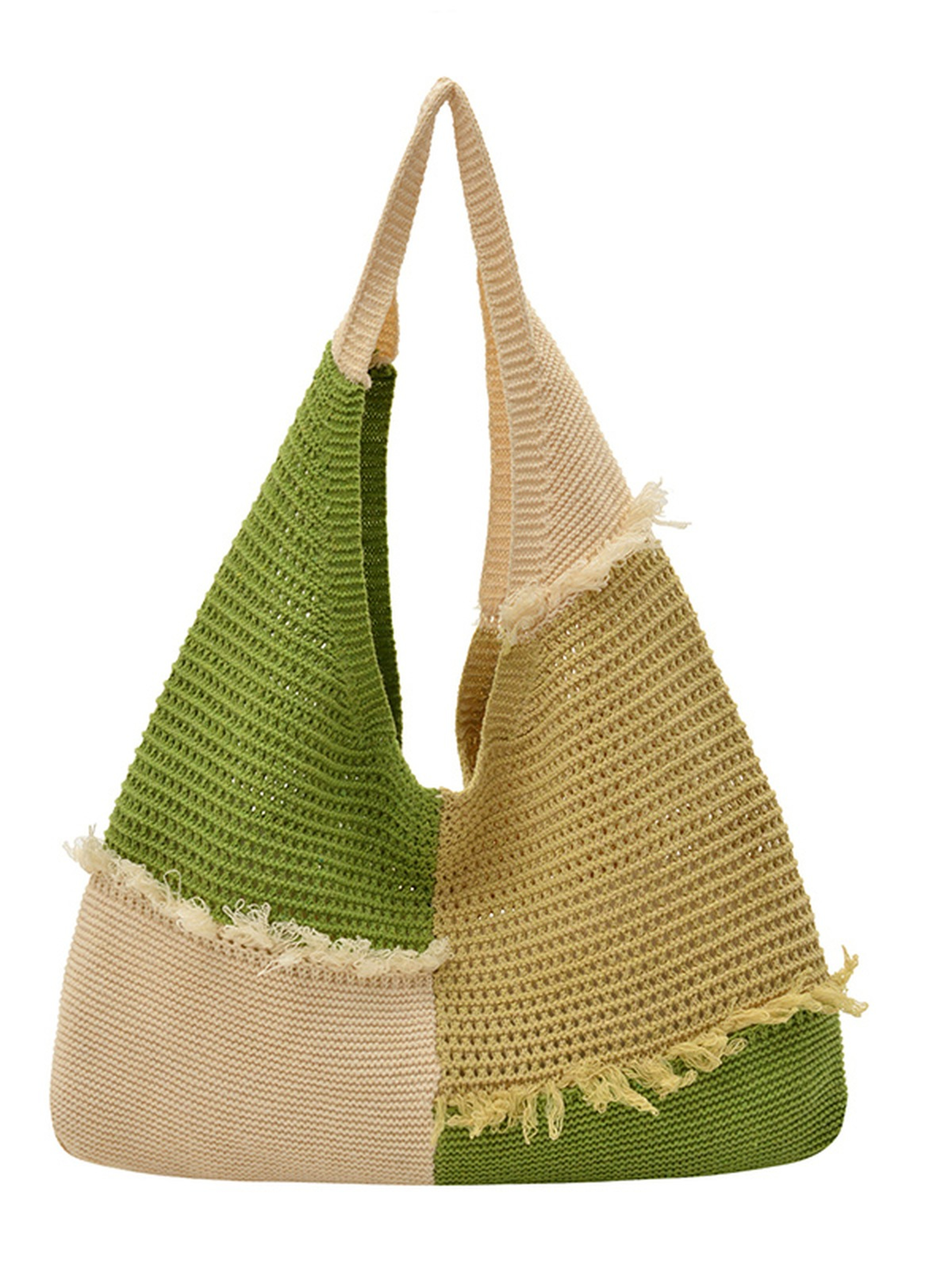 Green Patchwork Crochet Tote Bag with Fringed Details