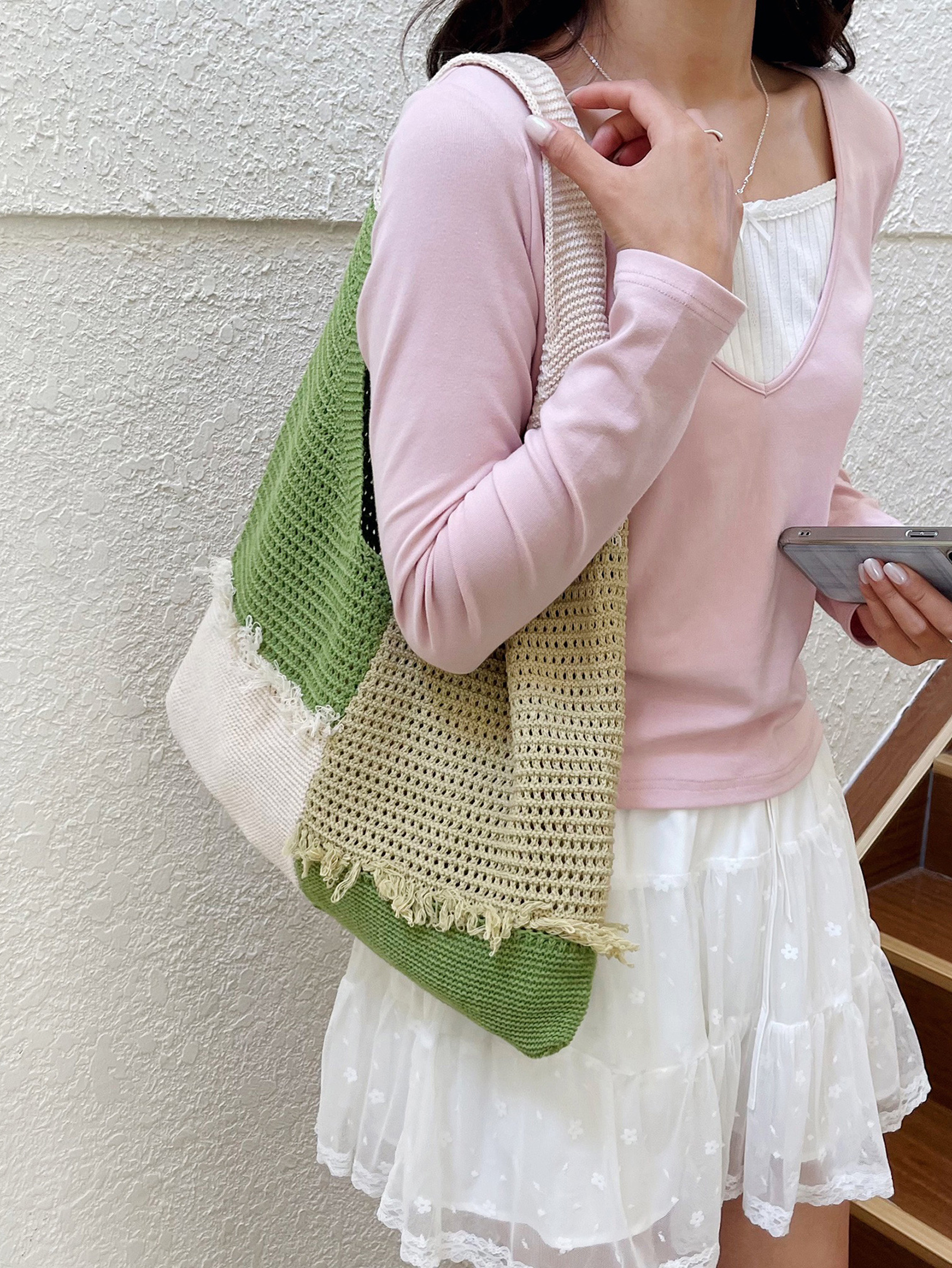 Green Patchwork Crochet Tote Bag with Fringed Details