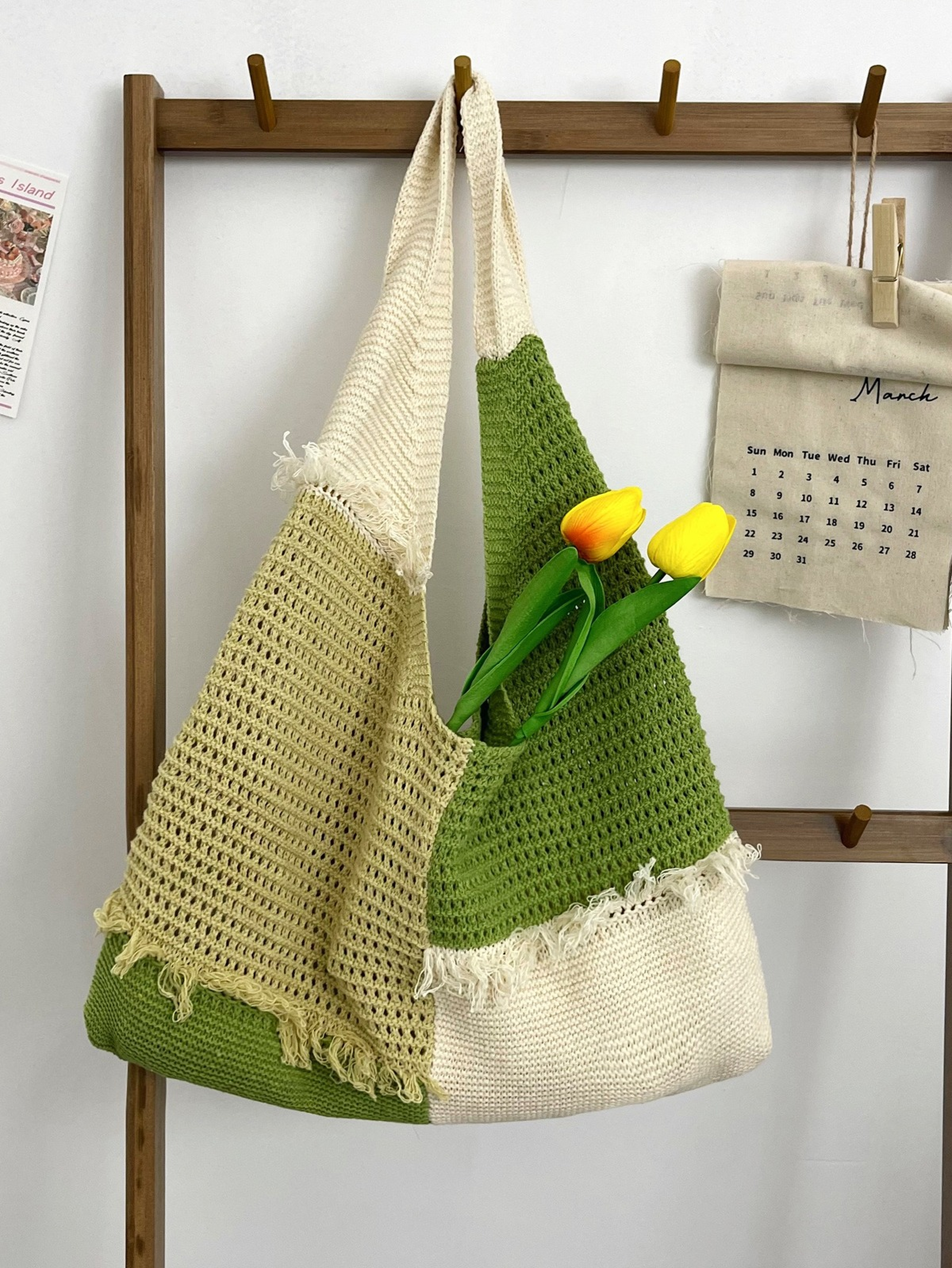 Green Patchwork Crochet Tote Bag with Fringed Details