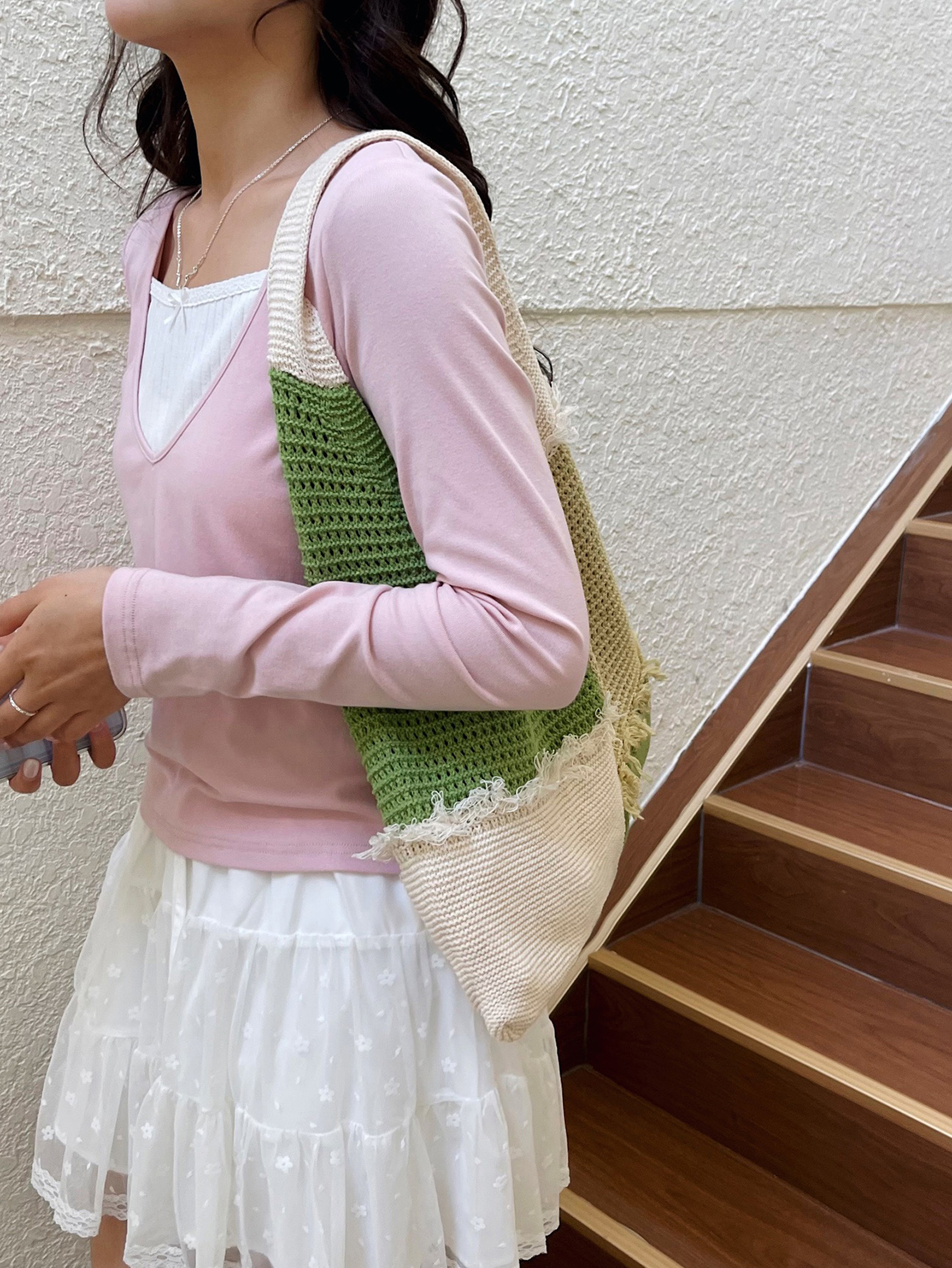 Green Patchwork Crochet Tote Bag with Fringed Details