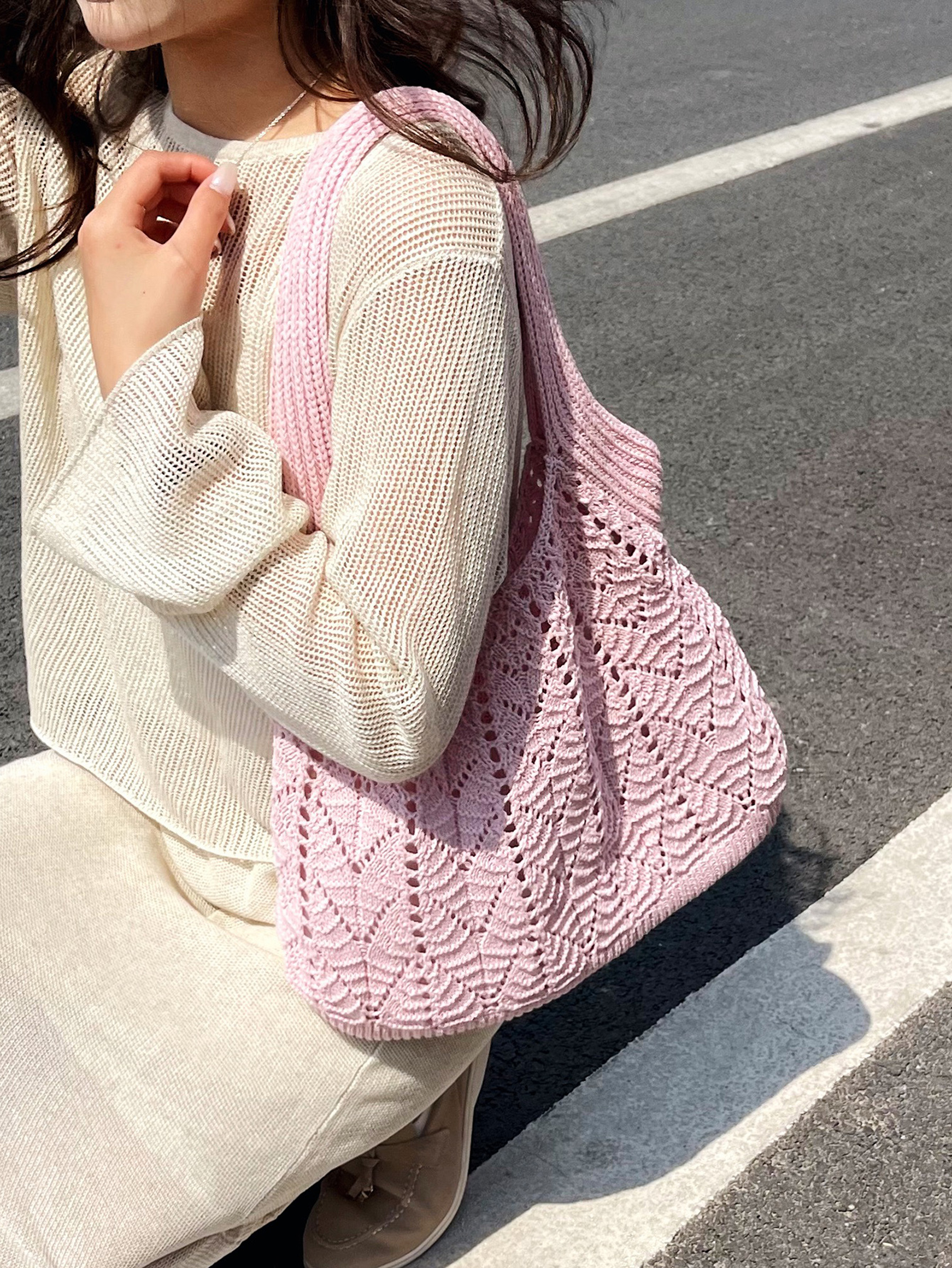 Pink Crochet Knit Shoulder Bag