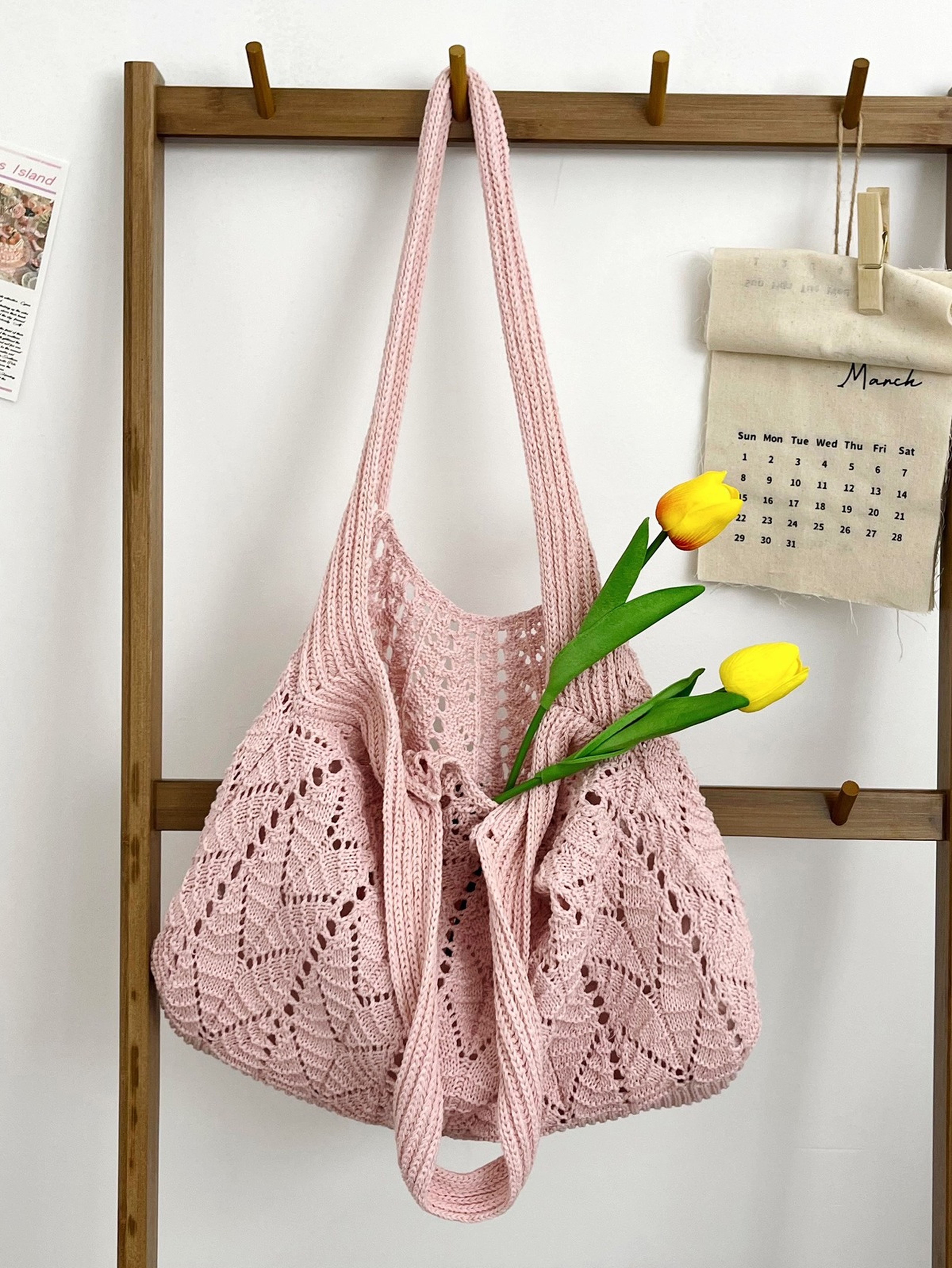 Pink Crochet Knit Shoulder Bag