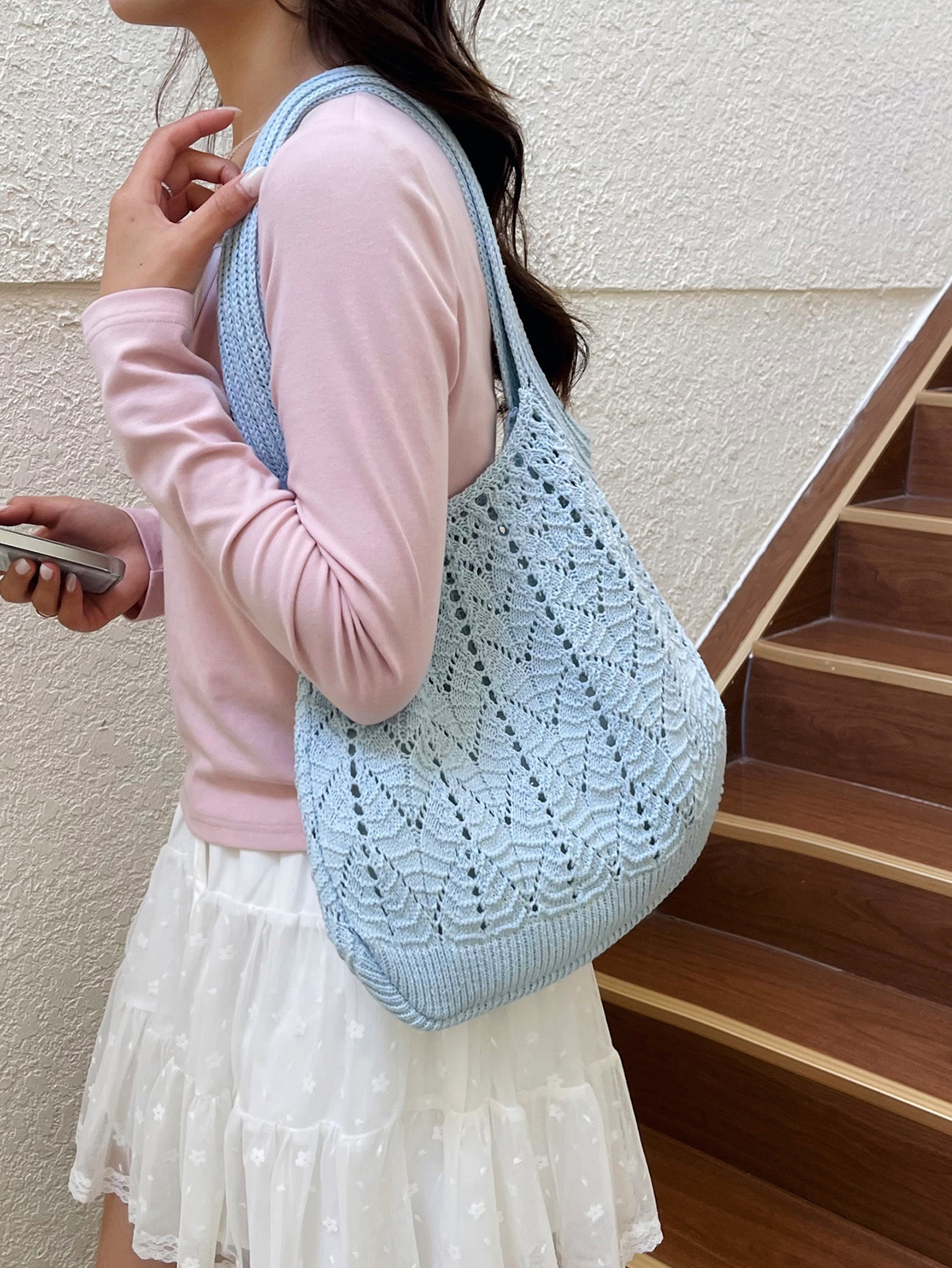Light Blue Shoulder Bag with Open Closure
