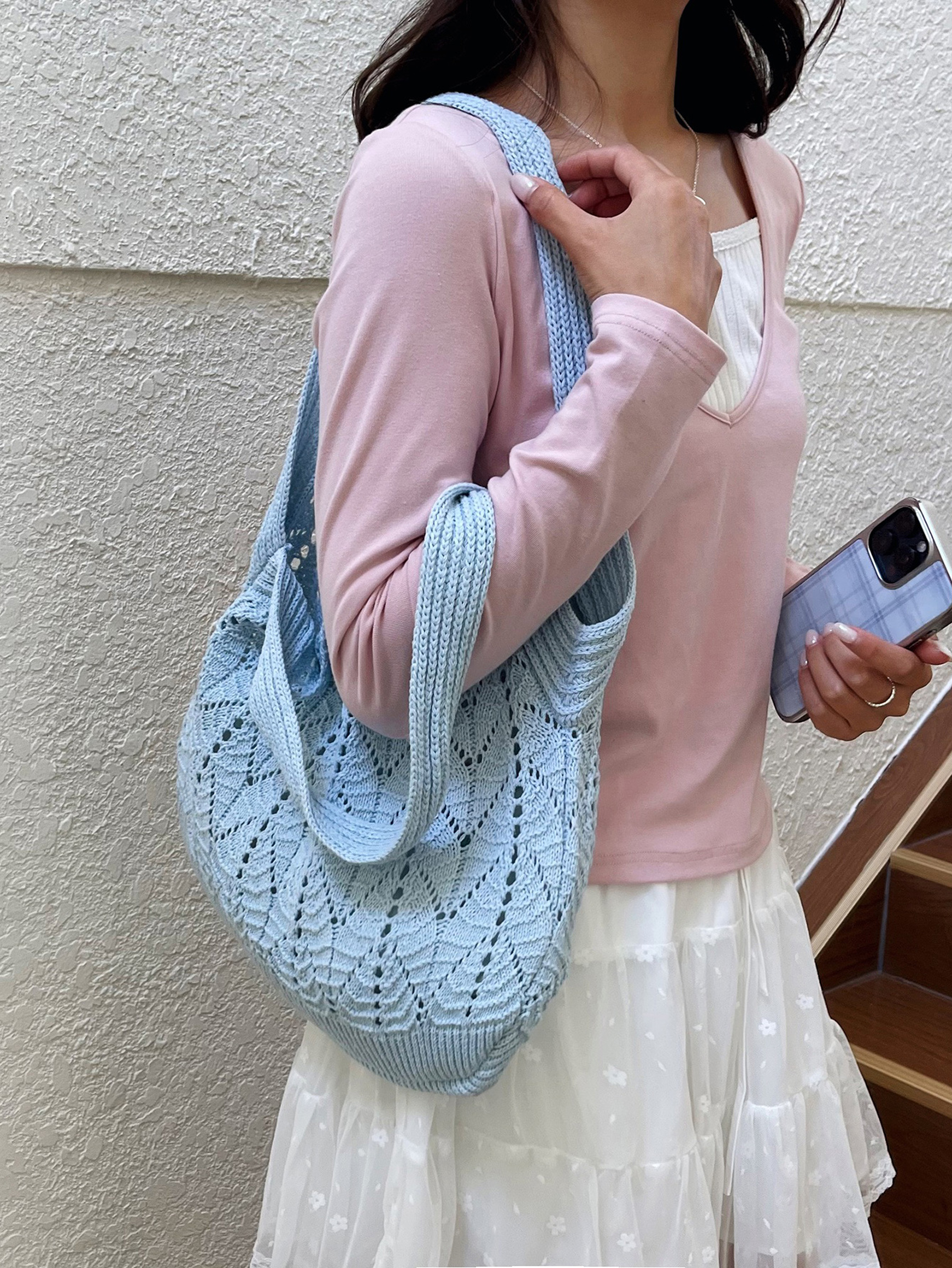 Light Blue Shoulder Bag with Open Closure