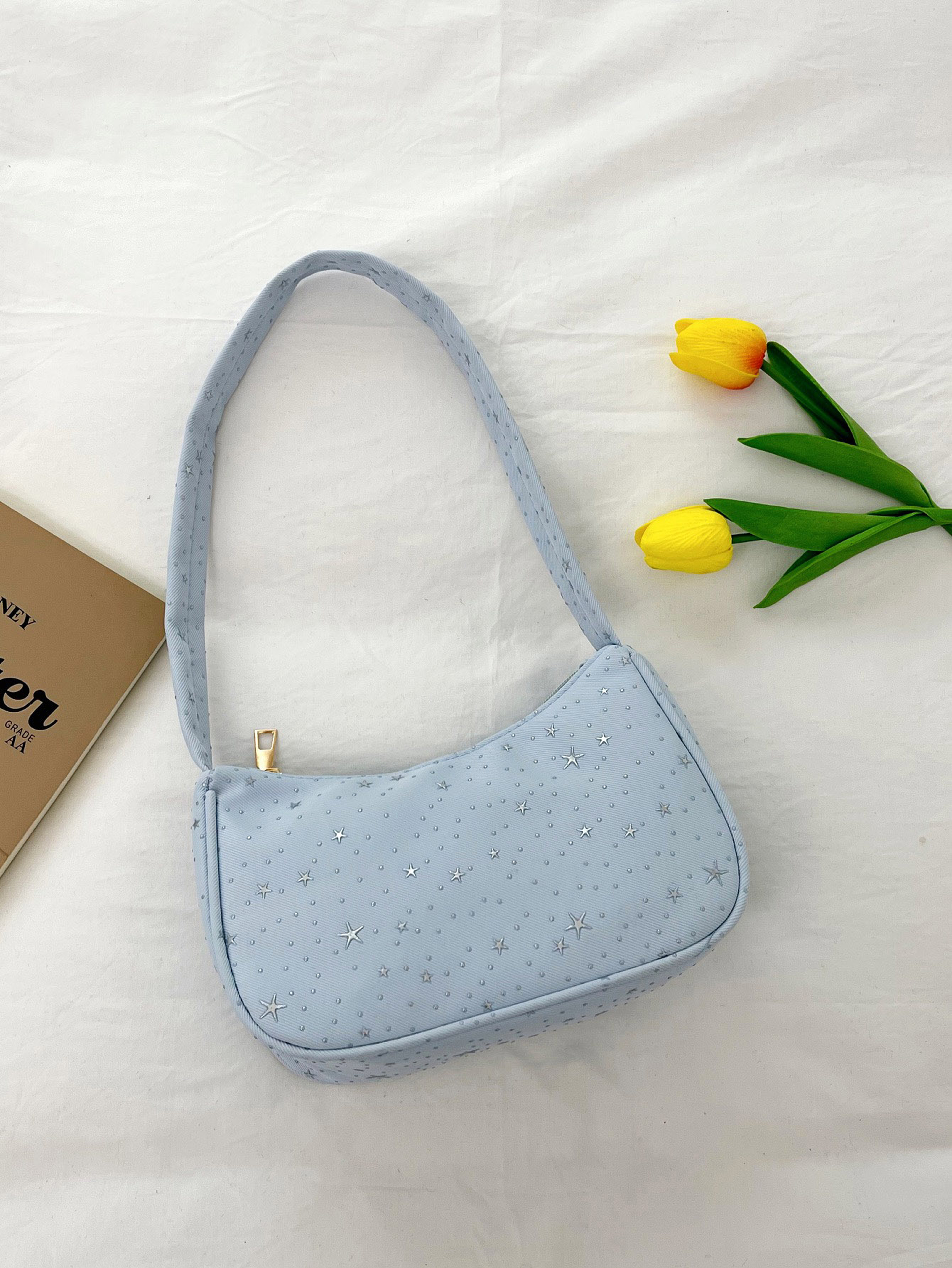 Light Blue Shoulder Bag with Zip Closure