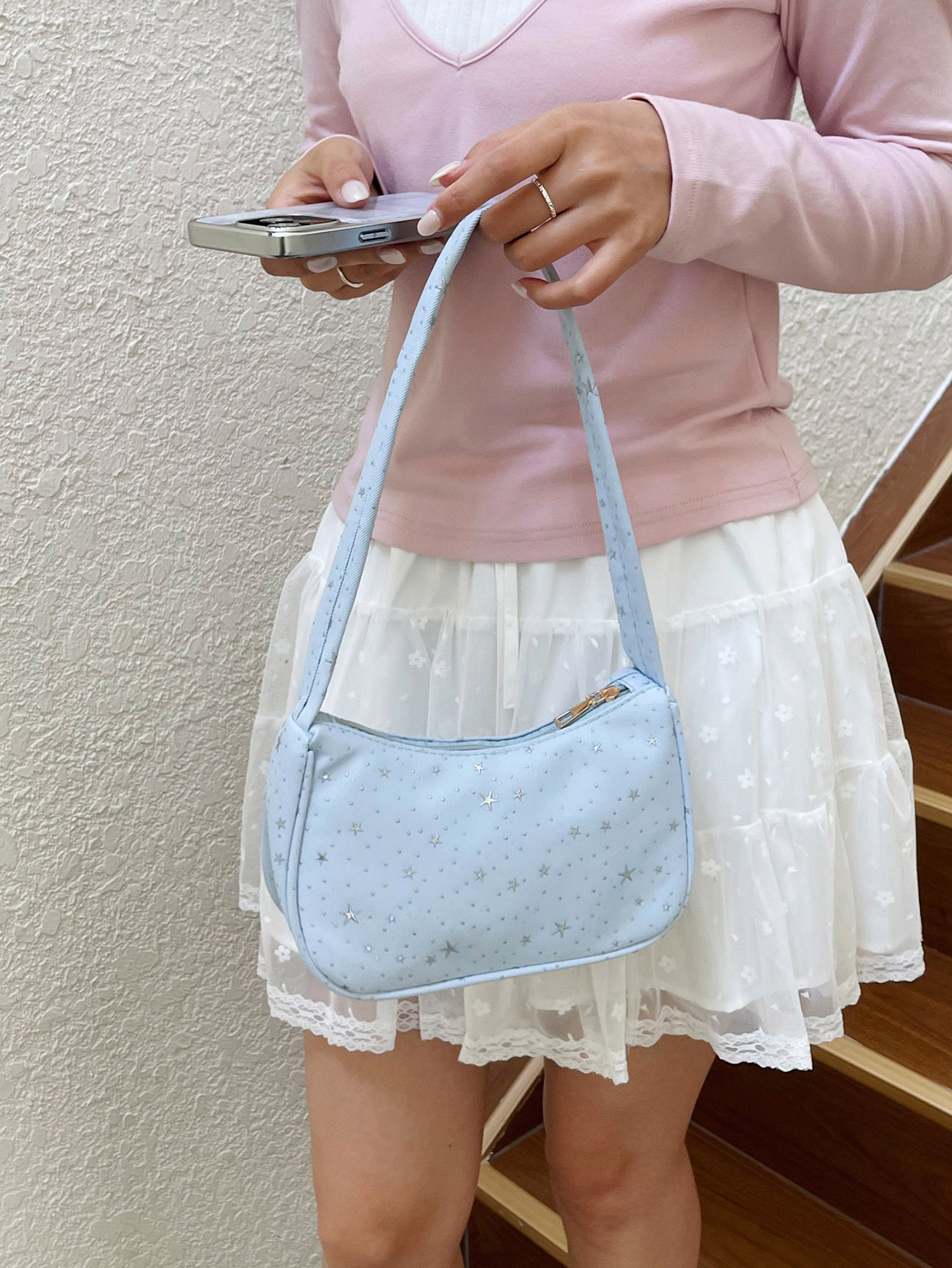Light Blue Shoulder Bag with Zip Closure