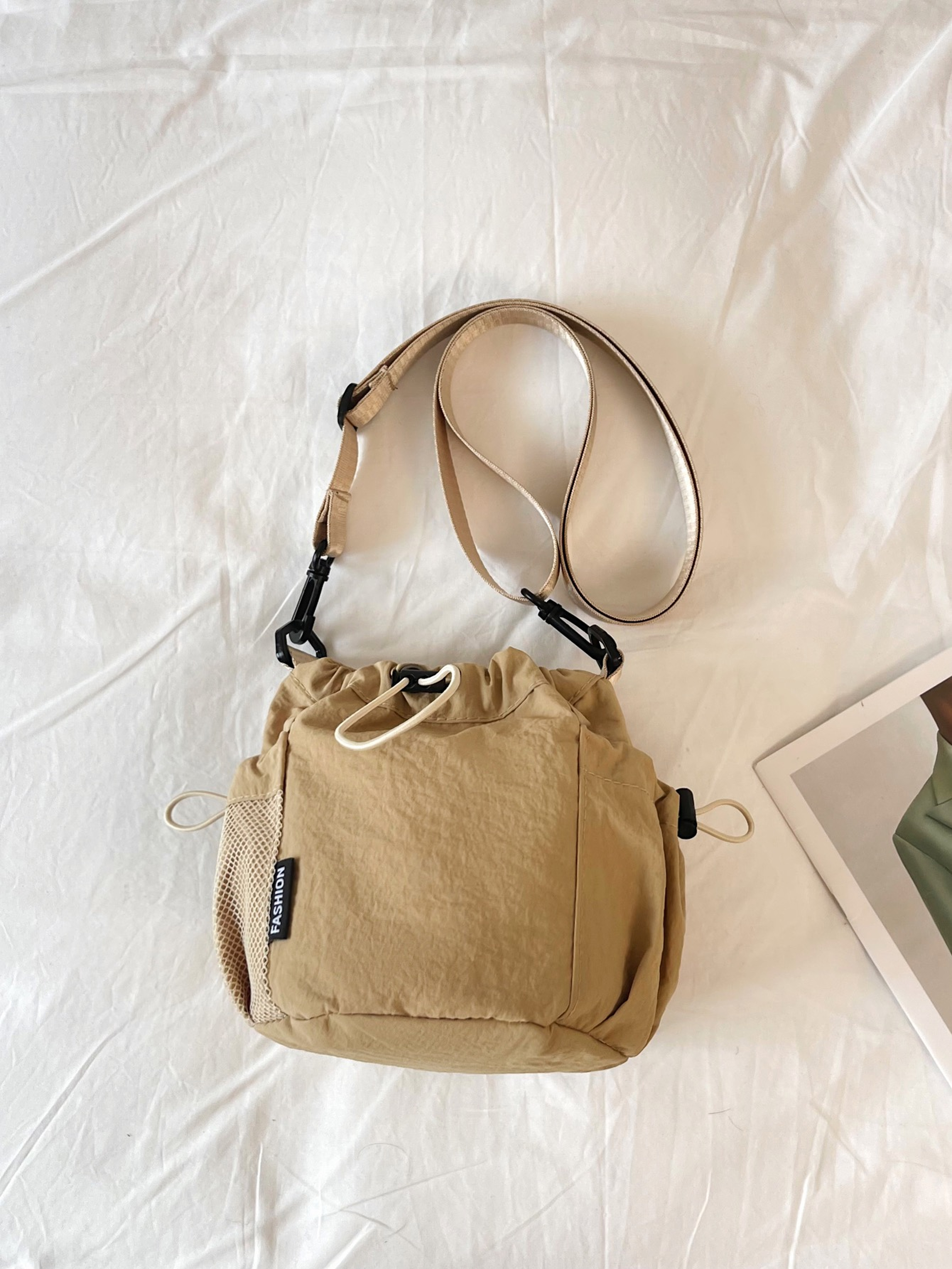 Khaki Drawstring Crossbody Bag with Mesh Pocket