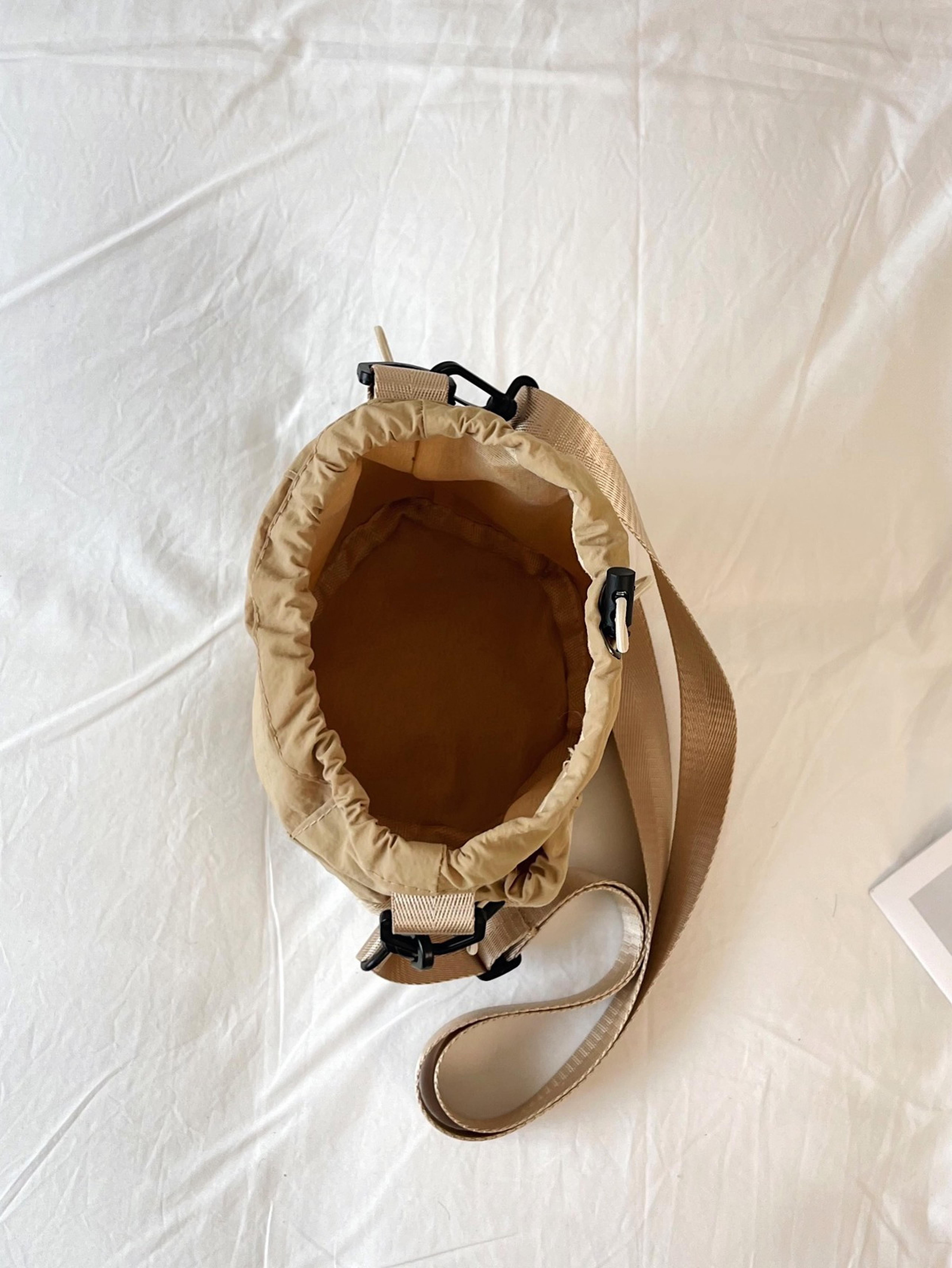 Khaki Drawstring Crossbody Bag with Mesh Pocket