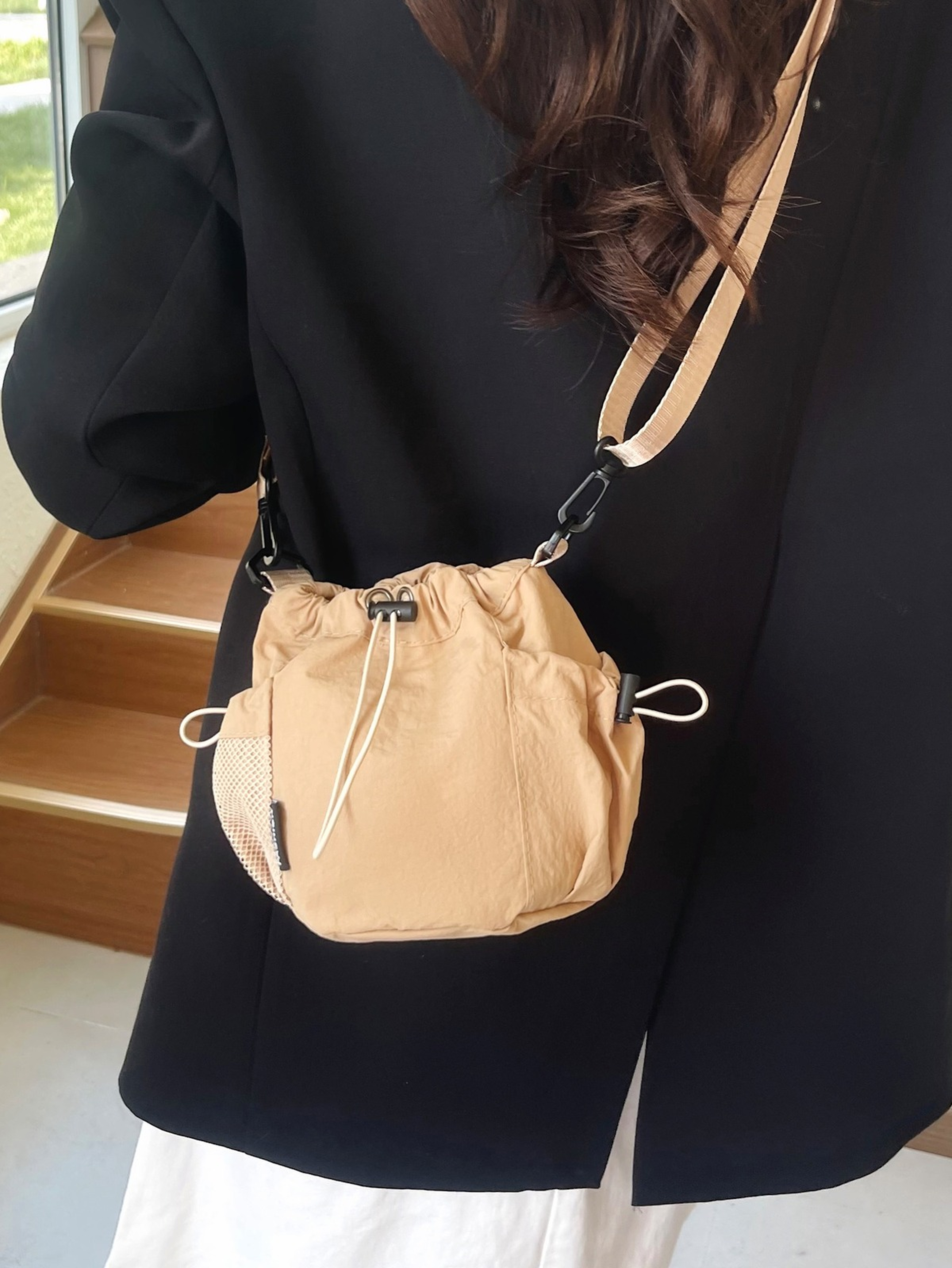 Khaki Drawstring Crossbody Bag with Mesh Pocket