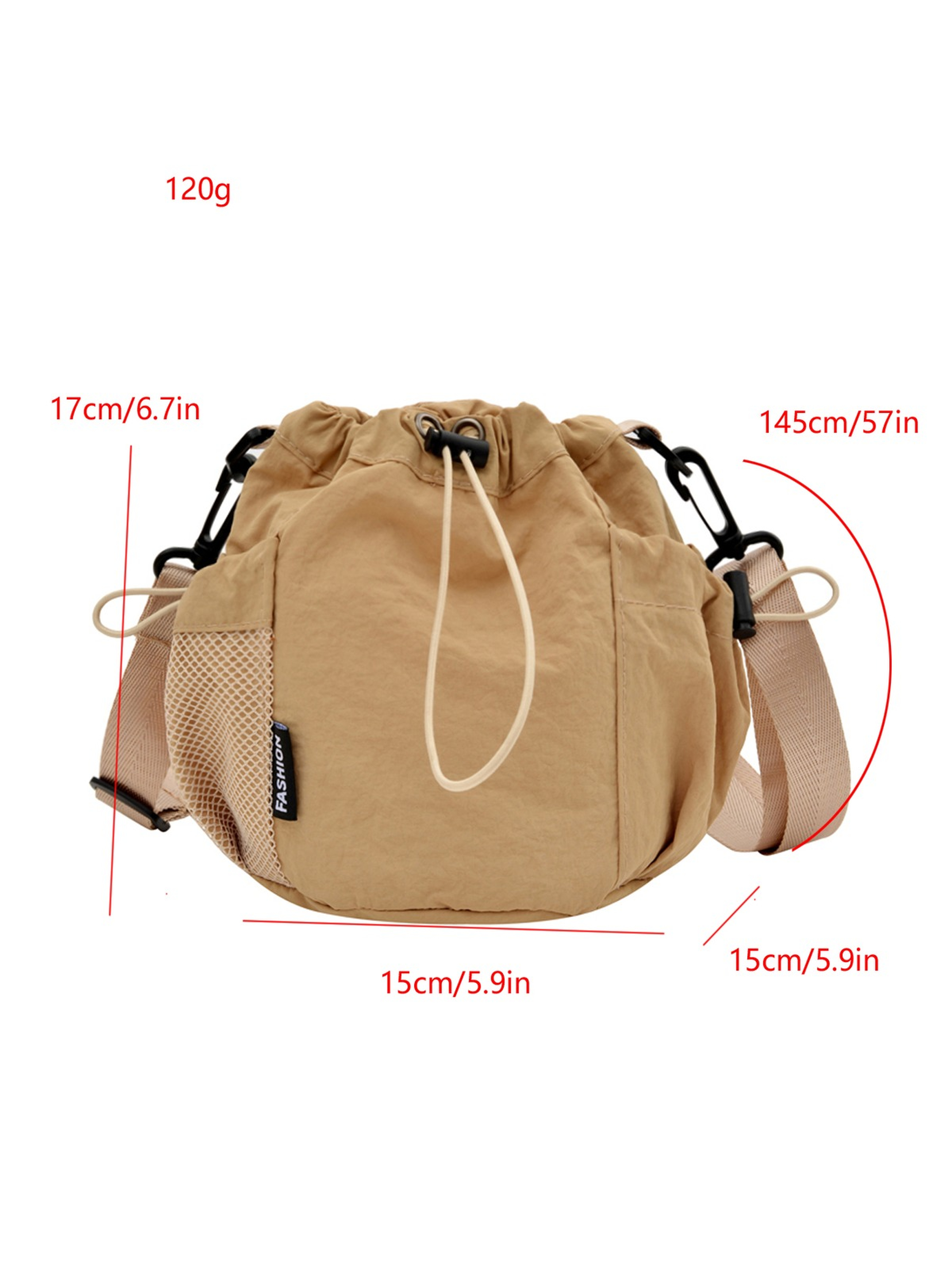 Khaki Drawstring Crossbody Bag with Mesh Pocket