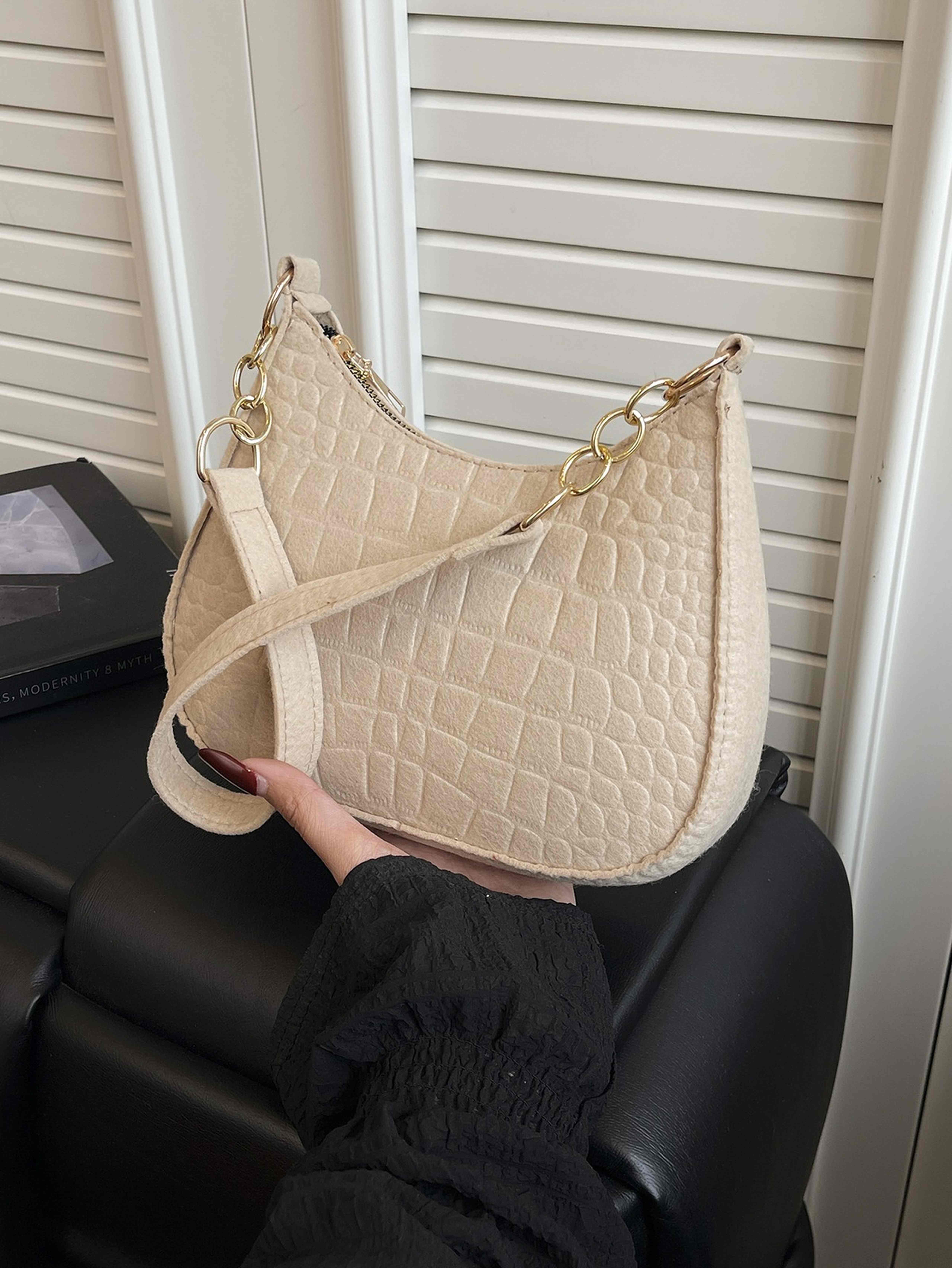 Beige Shoulder Bag with Zip Closure