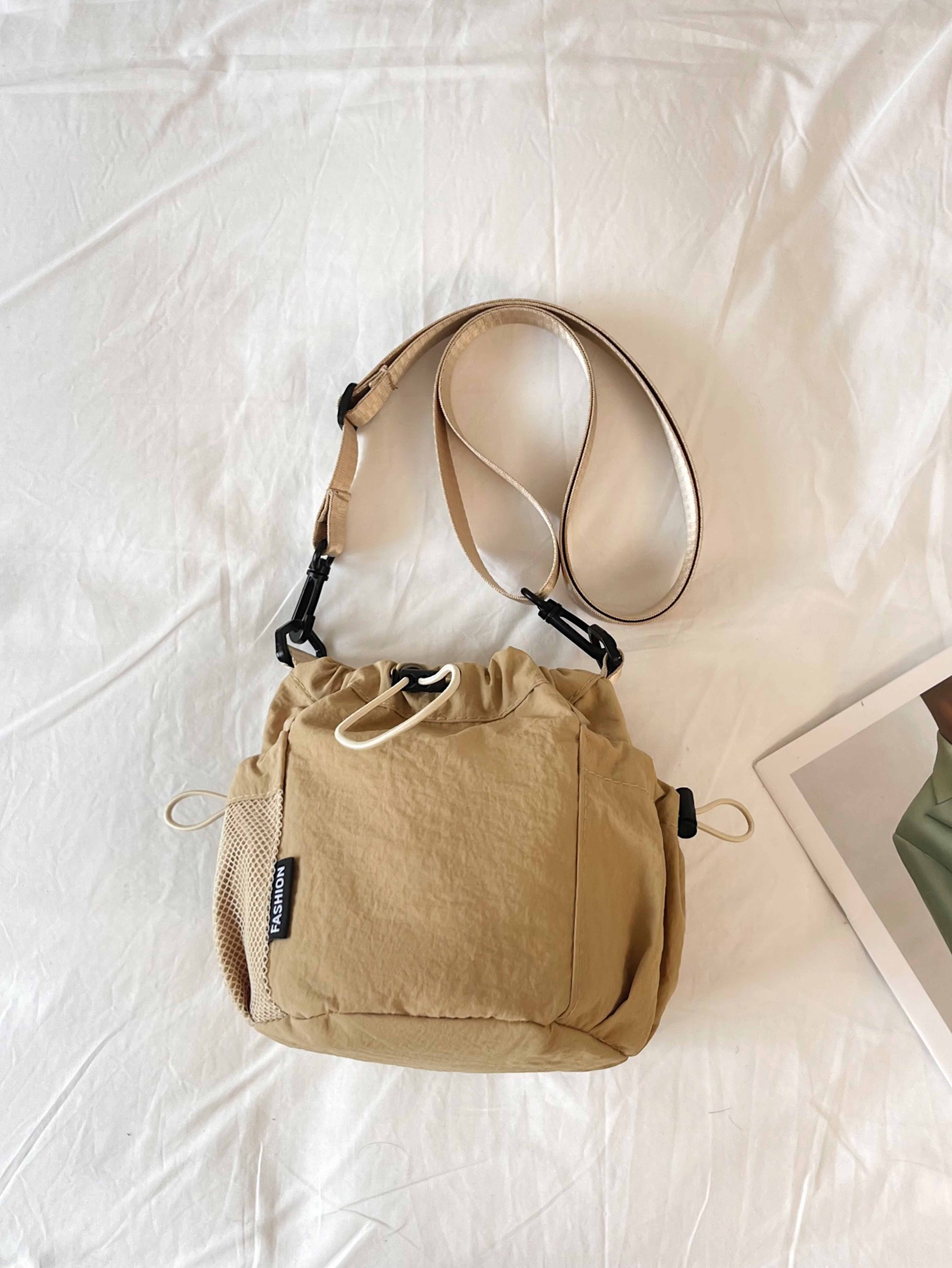 Khaki Crossbody Drawstring Pouch with Mesh Pocket