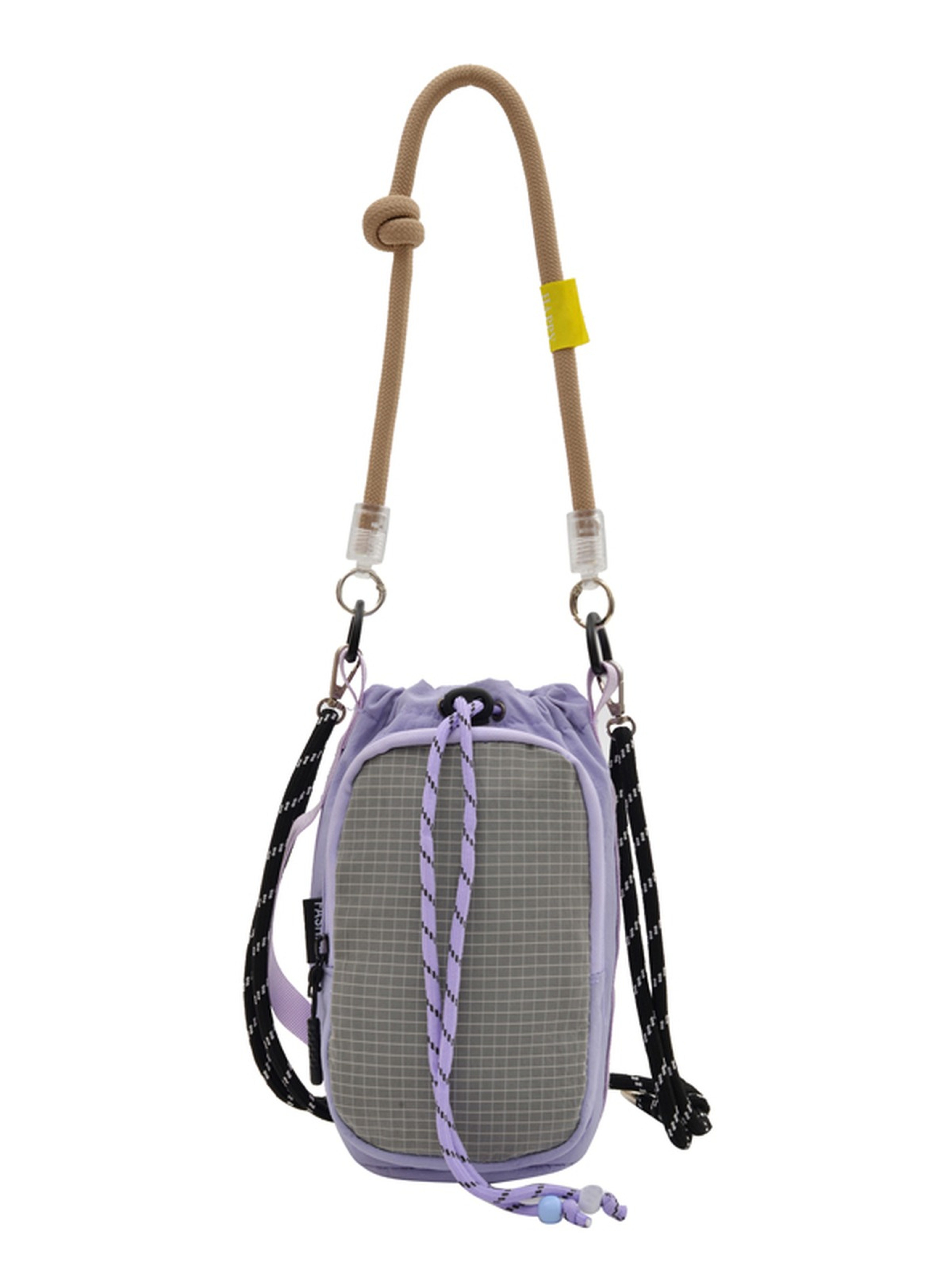 Purple Grid-Panel Drawstring Shoulder Bag